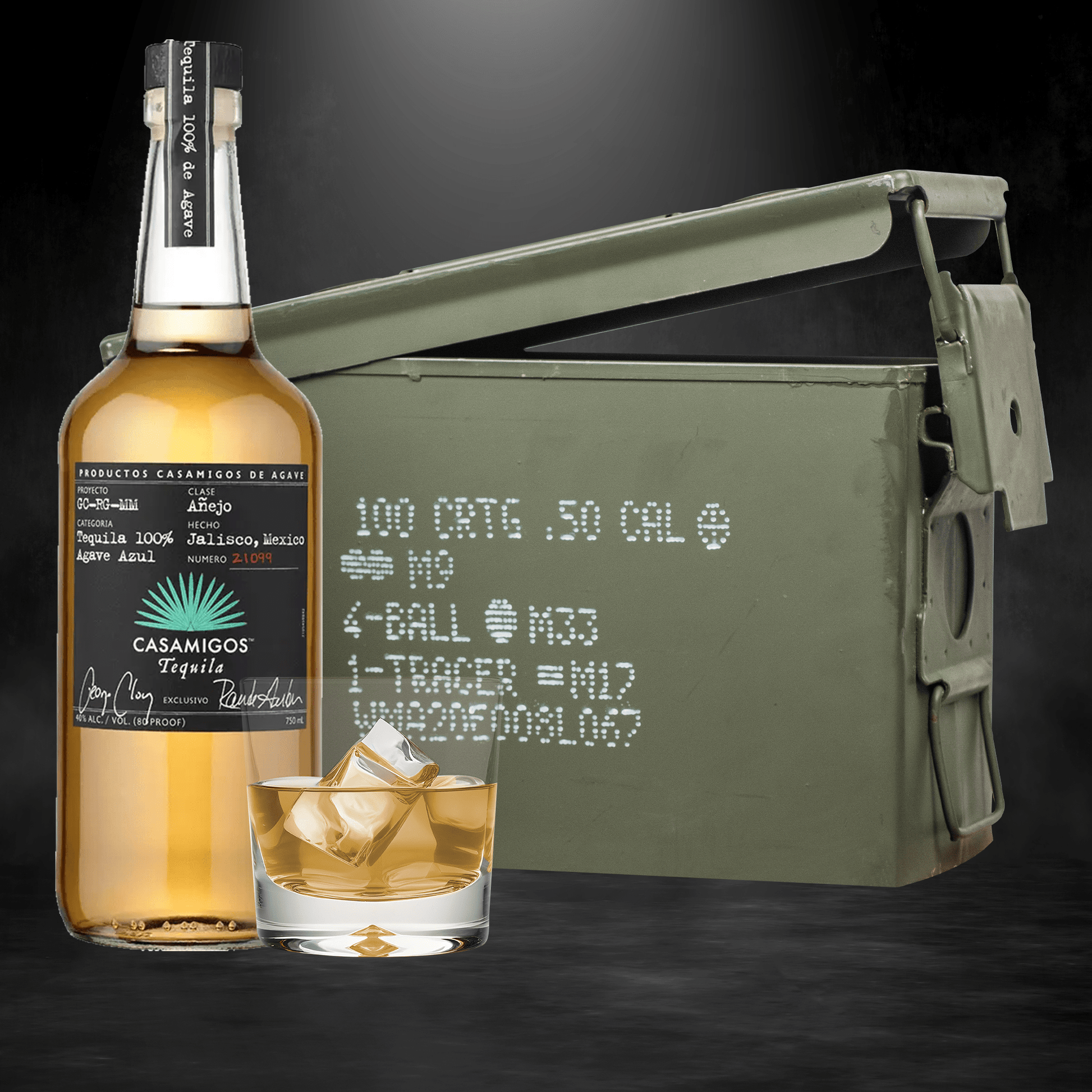Casamigos Añejo tequila bottle inside authentic ammo can gift set