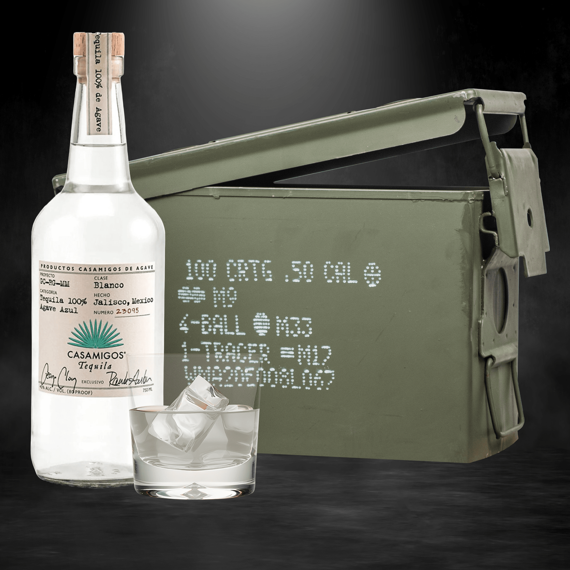 Casamigos Blanco tequila bottle inside authentic ammo can gift set
