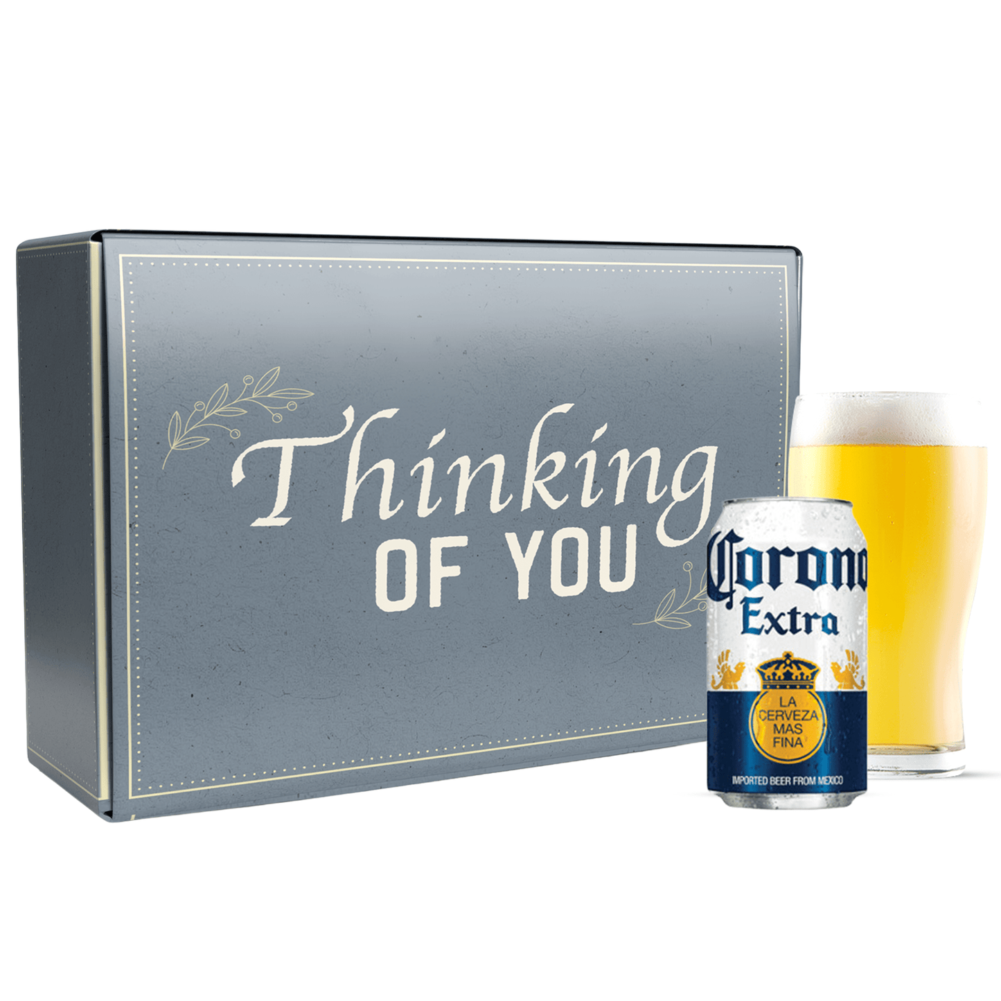 Corona Extra beer can and glass with 'Thinking of You' card on a white background