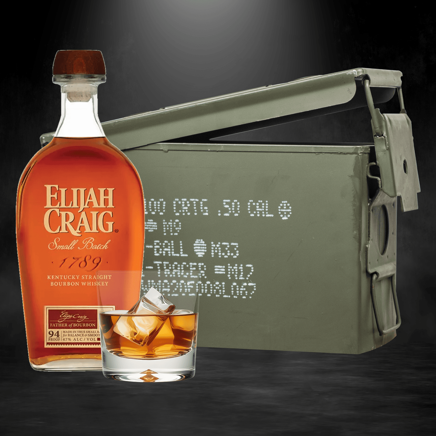 Elijah Craig bourbon bottle inside authentic ammo can gift set