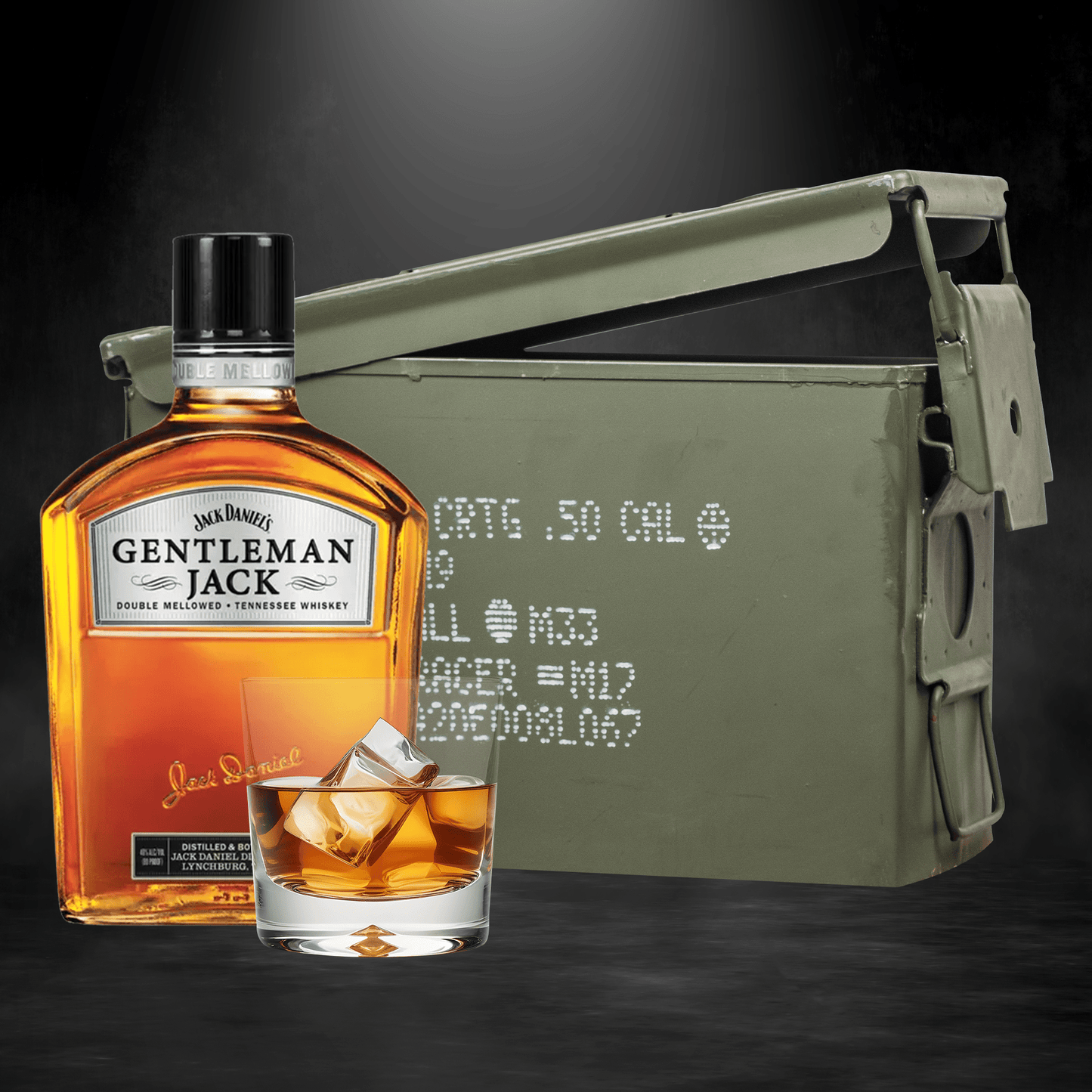 Gentleman Jack whiskey bottle inside authentic ammo can gift set