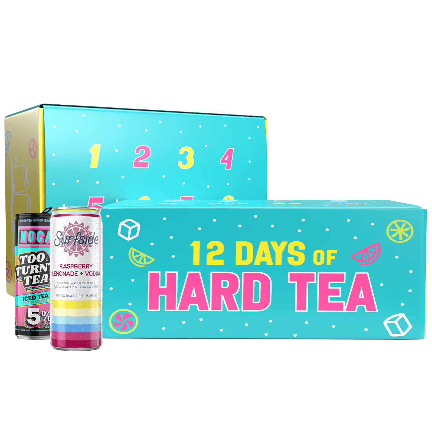12 Days of Hard Tea packaging with tea cans on a white background