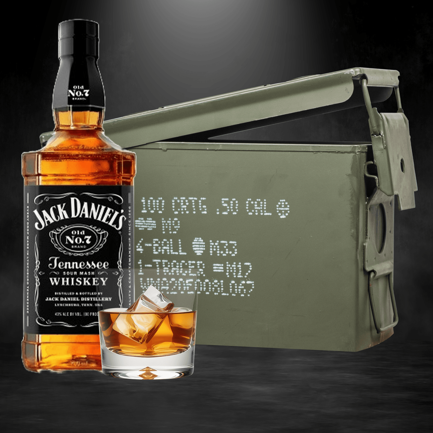 Jack Daniel’s Tennessee Whiskey bottle inside authentic ammo can gift set