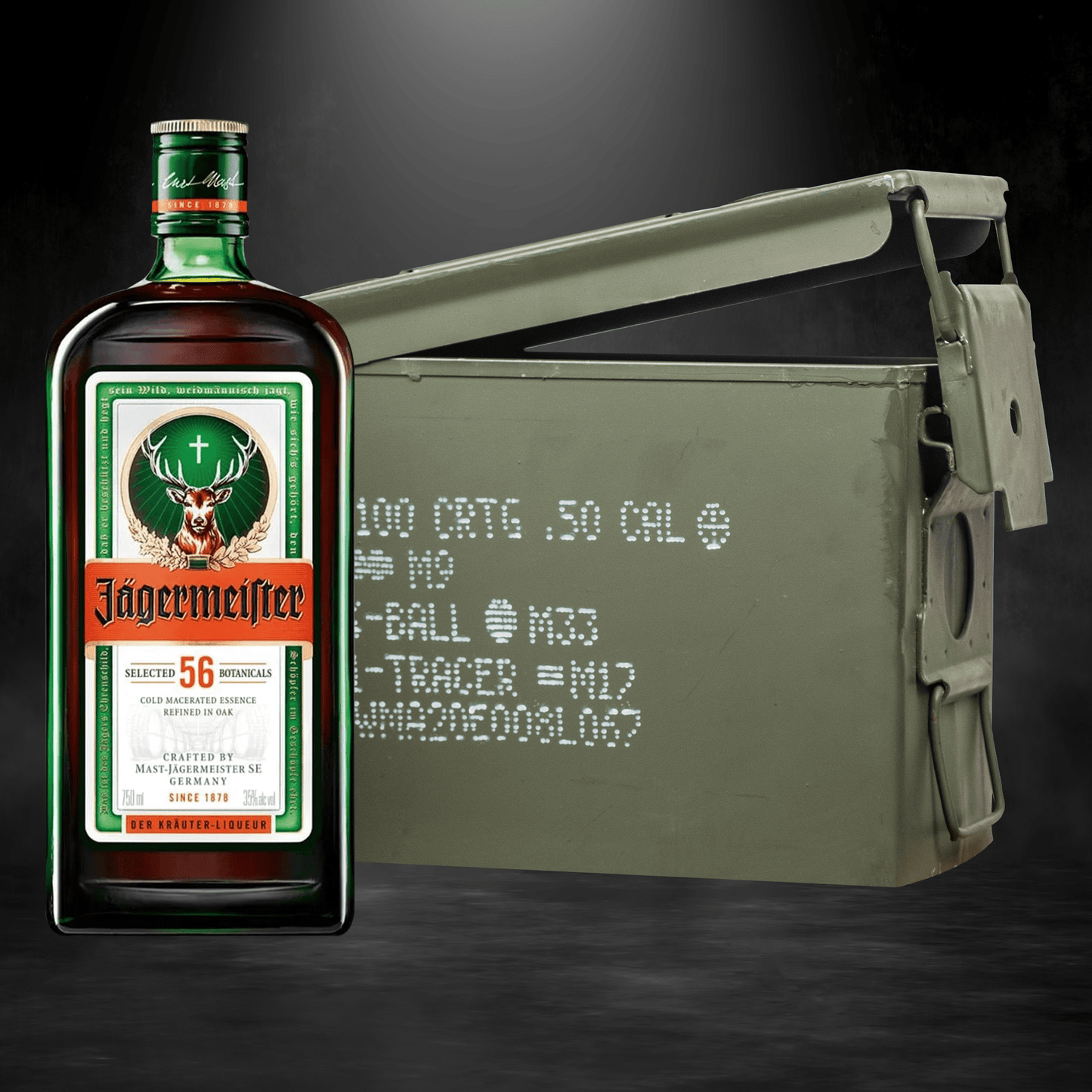 Jägermeister bottle inside authentic ammo can gift set