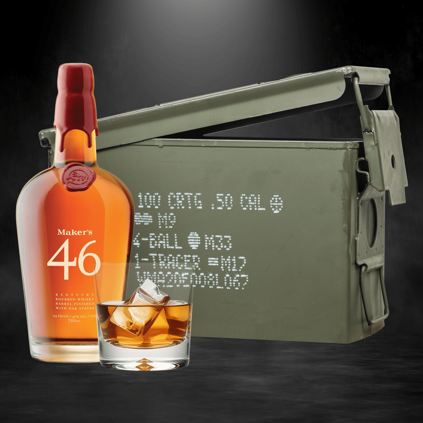 Maker’s Mark 46 bourbon bottle inside authentic ammo can gift set