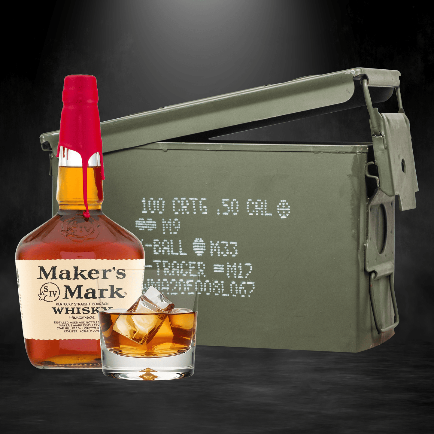 Maker’s Mark bourbon bottle inside authentic ammo can gift set