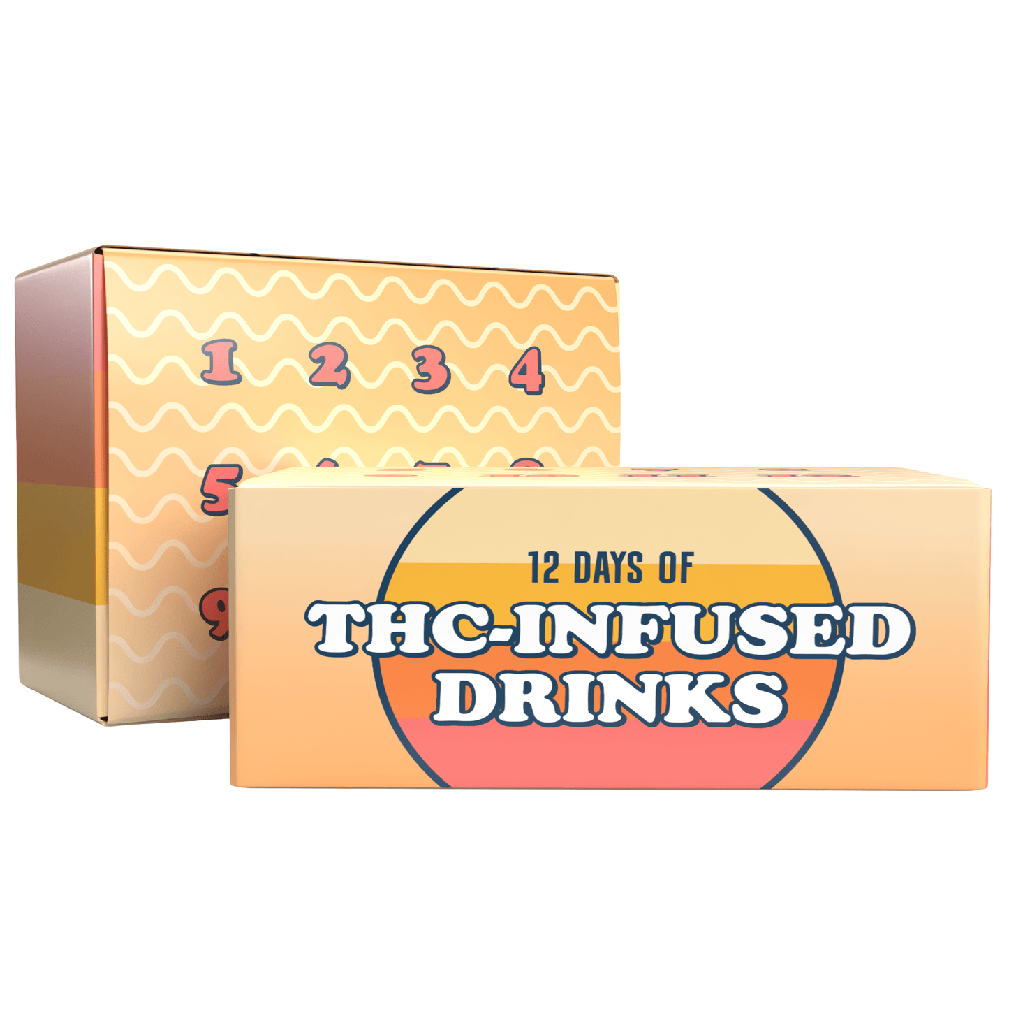 Box packaging for '12 Days of THC-Infused Drinks' with a colorful design.