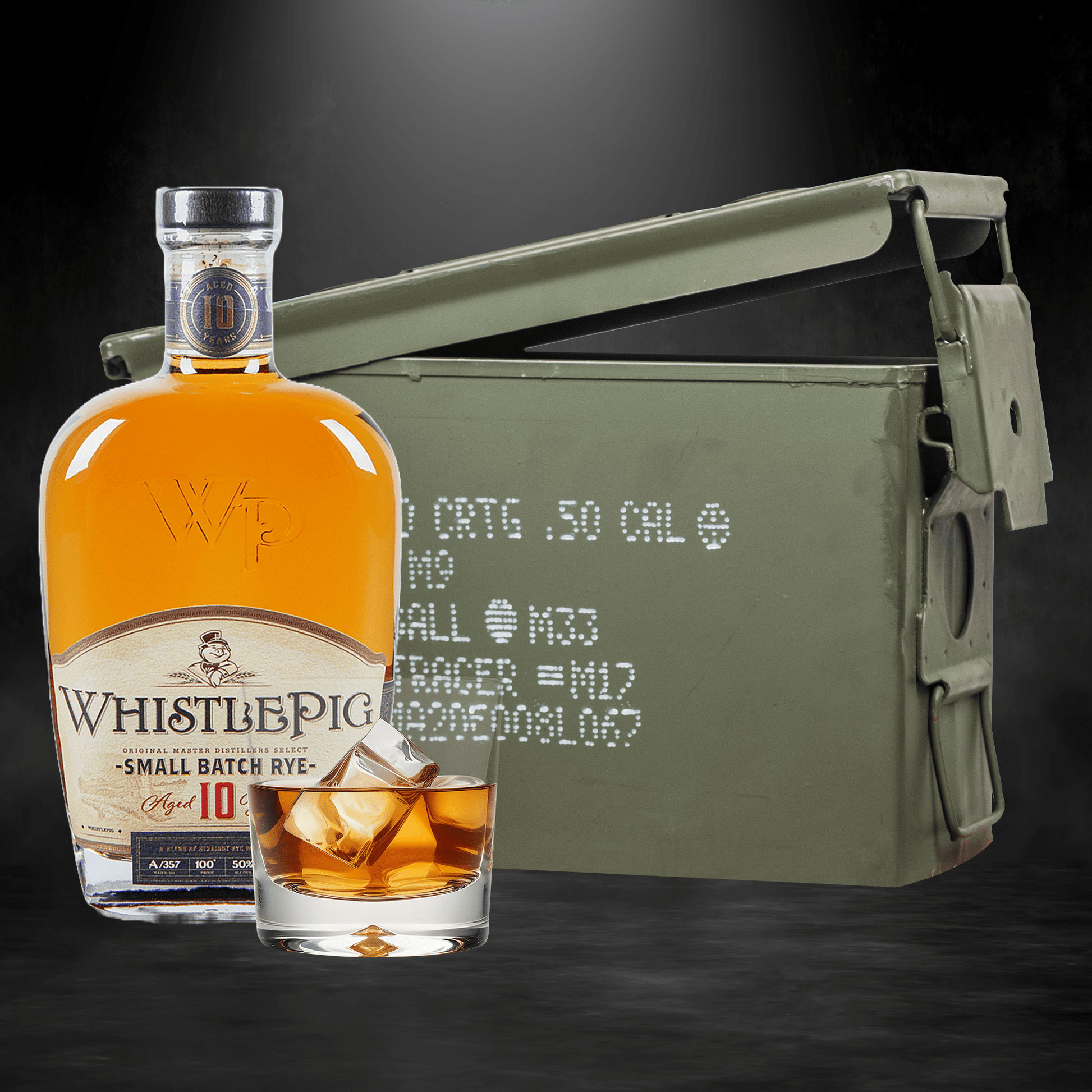 WhistlePig 10 Year Rye whiskey bottle inside authentic ammo can gift set