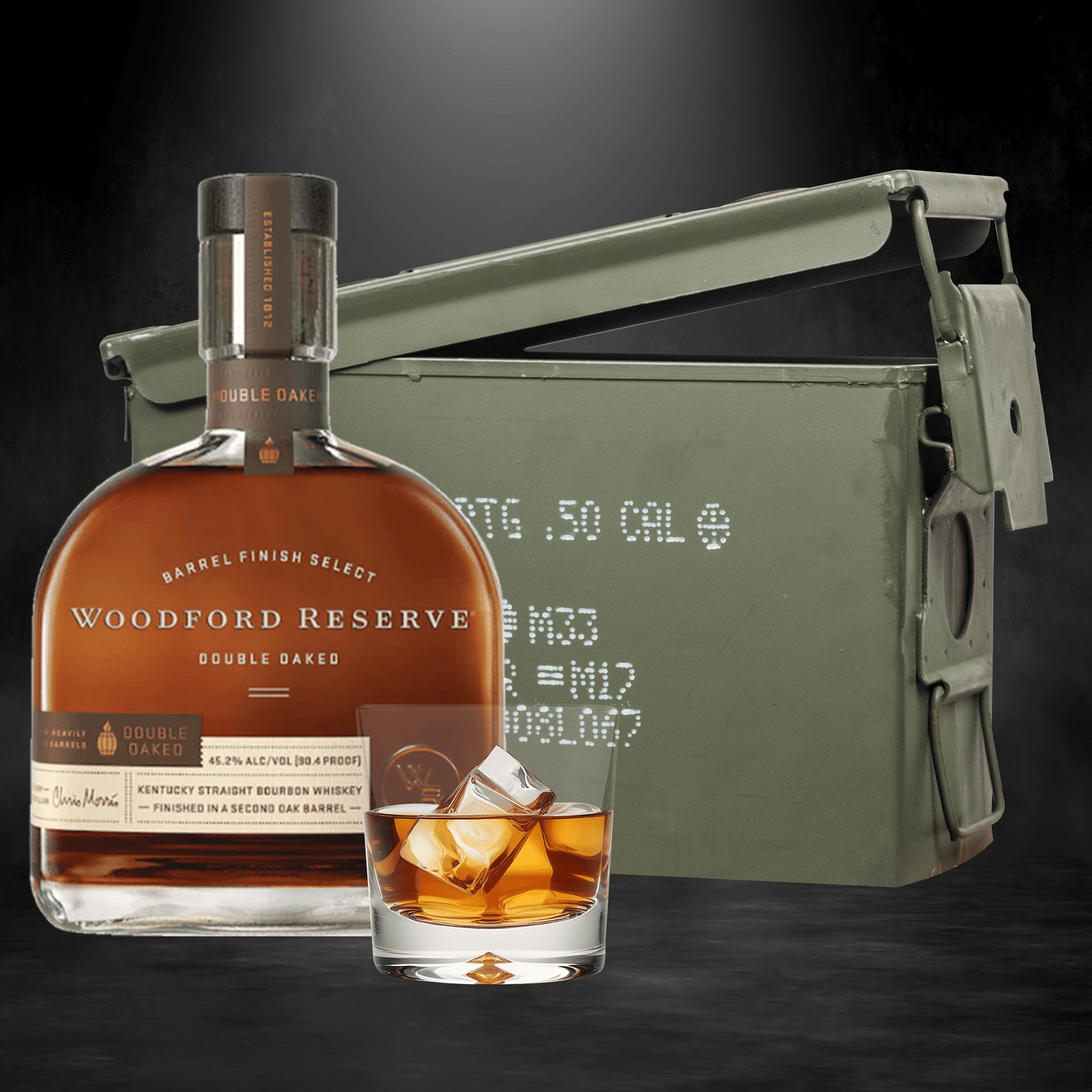 Woodford Reserve Double Oaked bourbon bottle inside authentic ammo can gift set