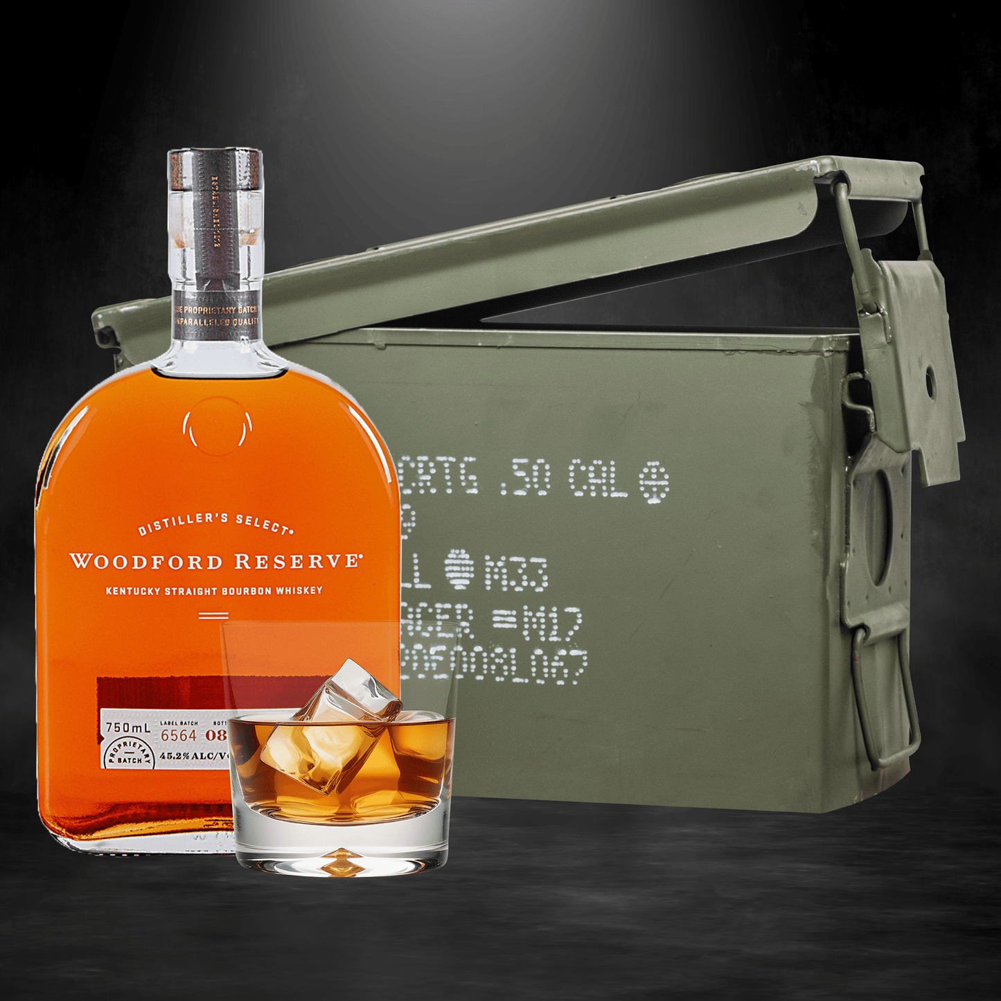 Woodford Reserve bourbon bottle inside authentic ammo can gift set