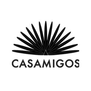 Casamigos logo with black abstract design on a white background