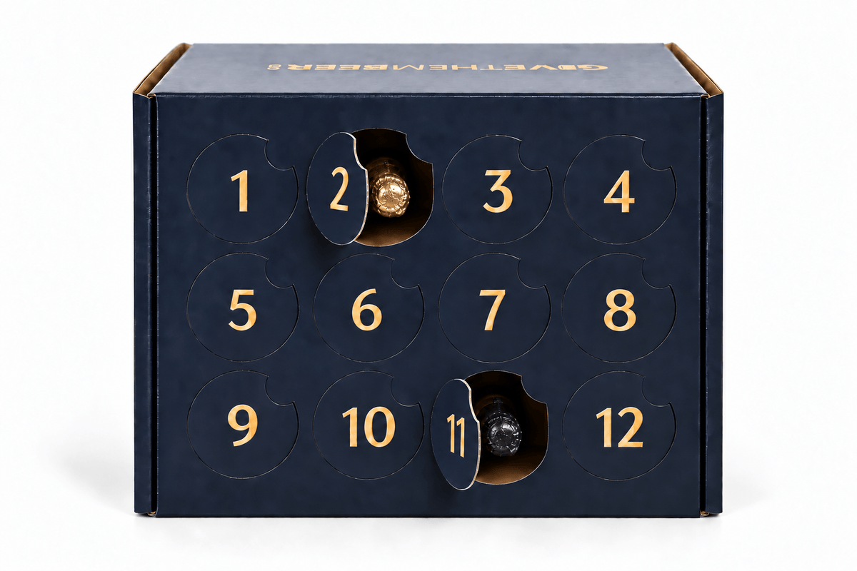 12 day Sparkling Wine Advent Calendar with doors open, showing sparkling wine bottles stored inside
