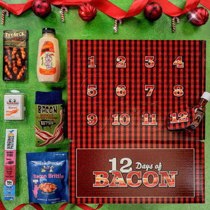 A Christmas-themed bacon advent calendar flat lay on a bright green background. The main product is a red and black buffalo plaid box labeled '12 Days of BACON' with numbered compartments.