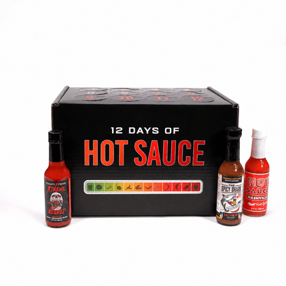 Hot Sauce Advent Calendar with 12 numbered doors and full size hot sauce bottles