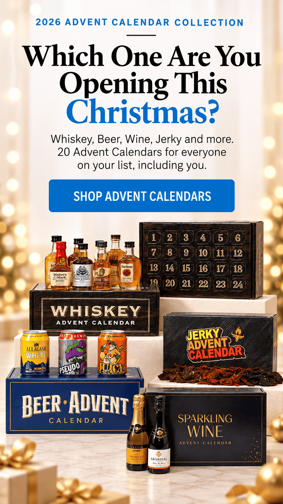 2026 Advent calendar collection featuring whiskey, beer, sparkling wine and jerky calendars