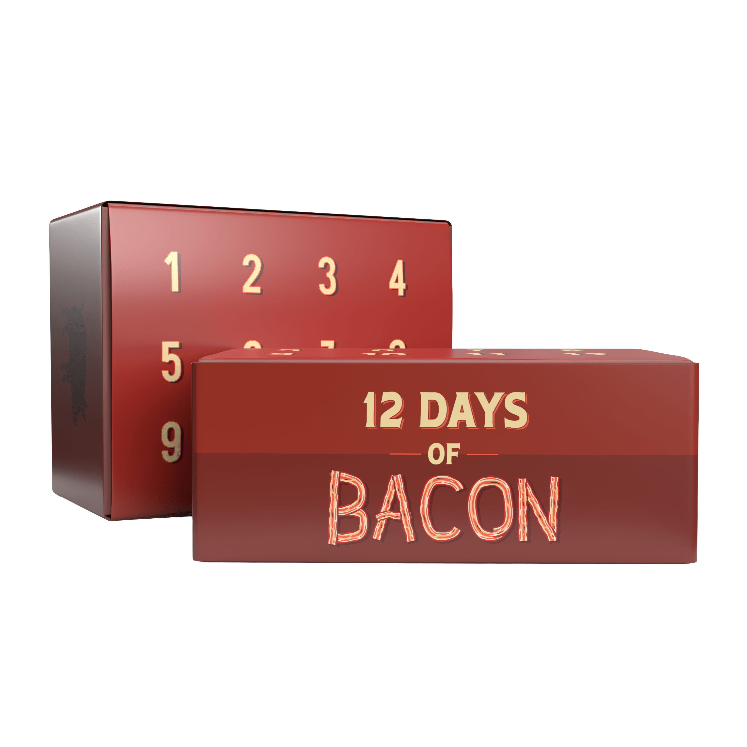 Red advent calendar with '12 Days of Bacon' text on a white background