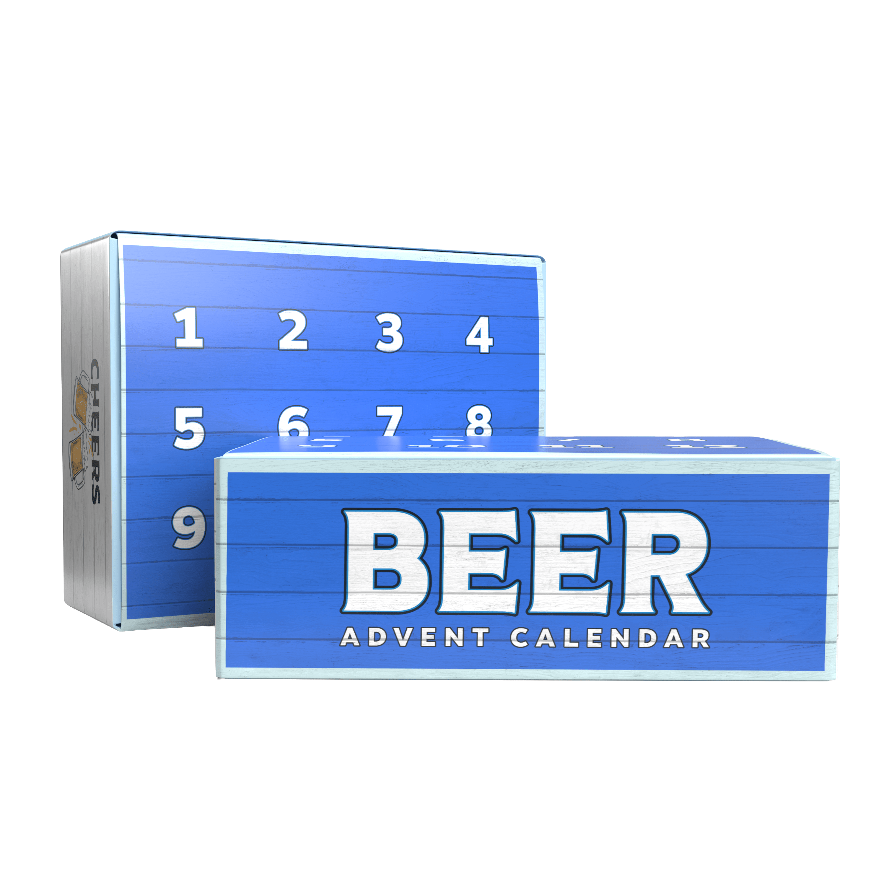 Blue and white beer advent calendar with numbers on a white background