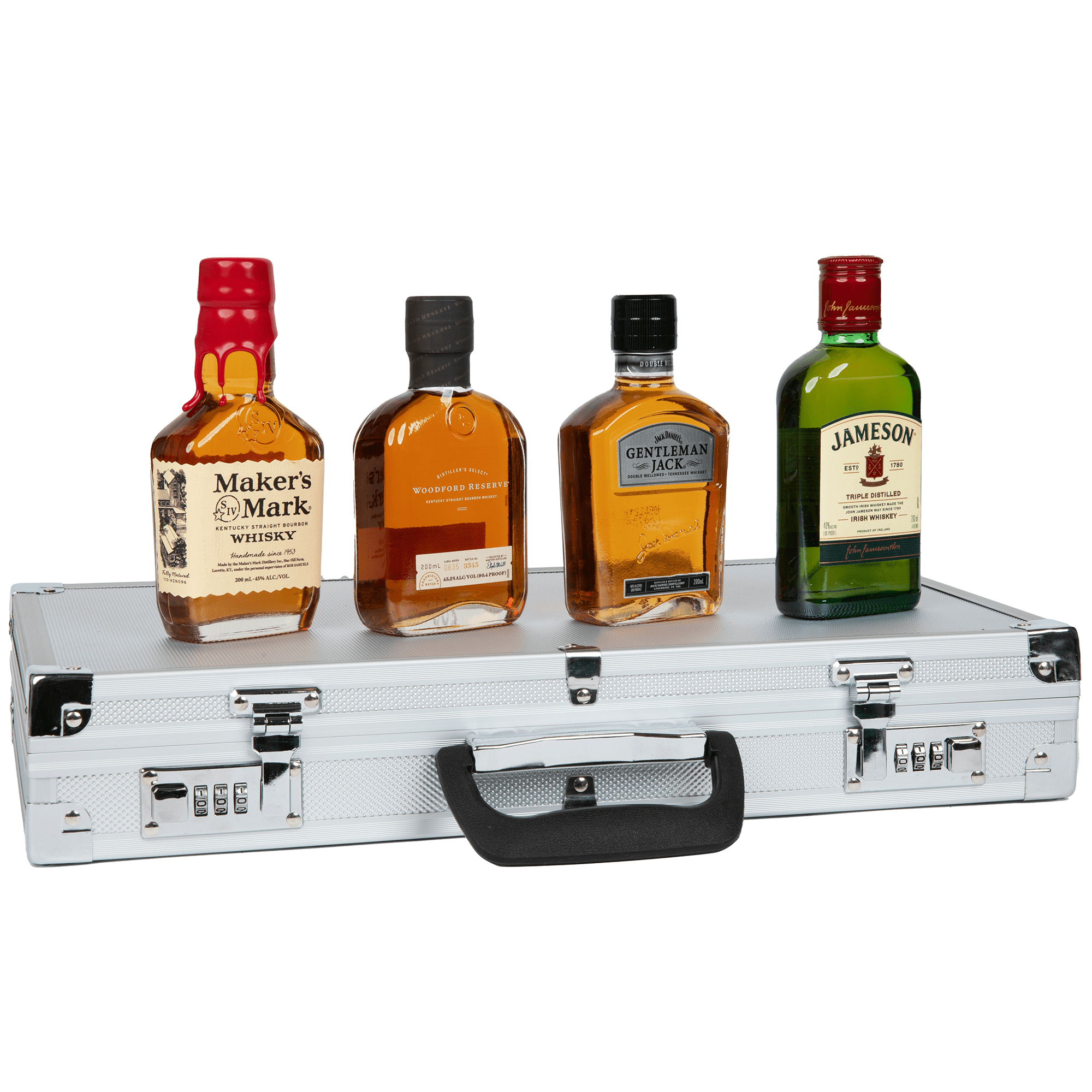 Whiskey Briefcase Gift Set with four 200ml whiskey bottles inside a hard-sided case, perfect for gifting