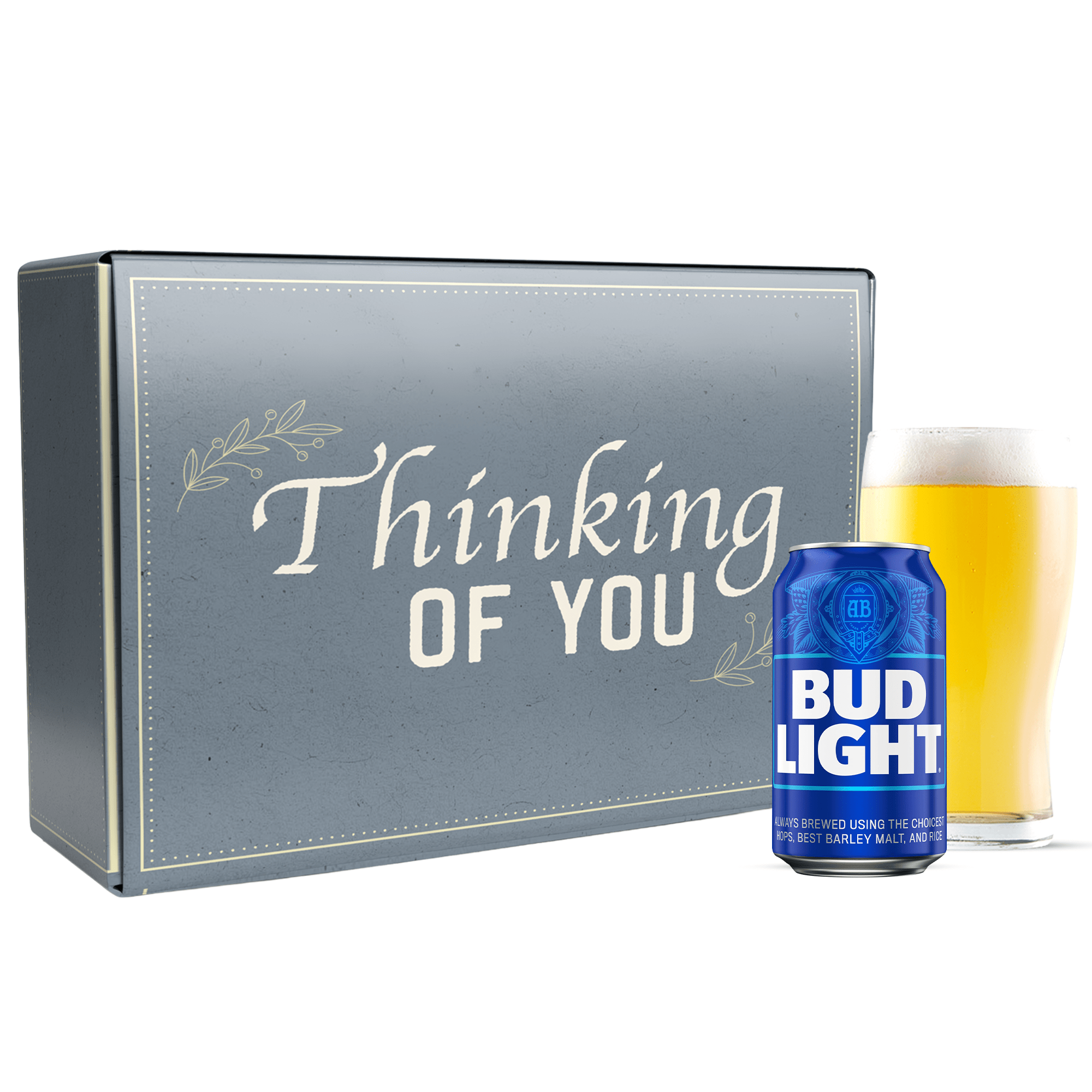 Bud Light can and glass with 'Thinking of You' box on a white background