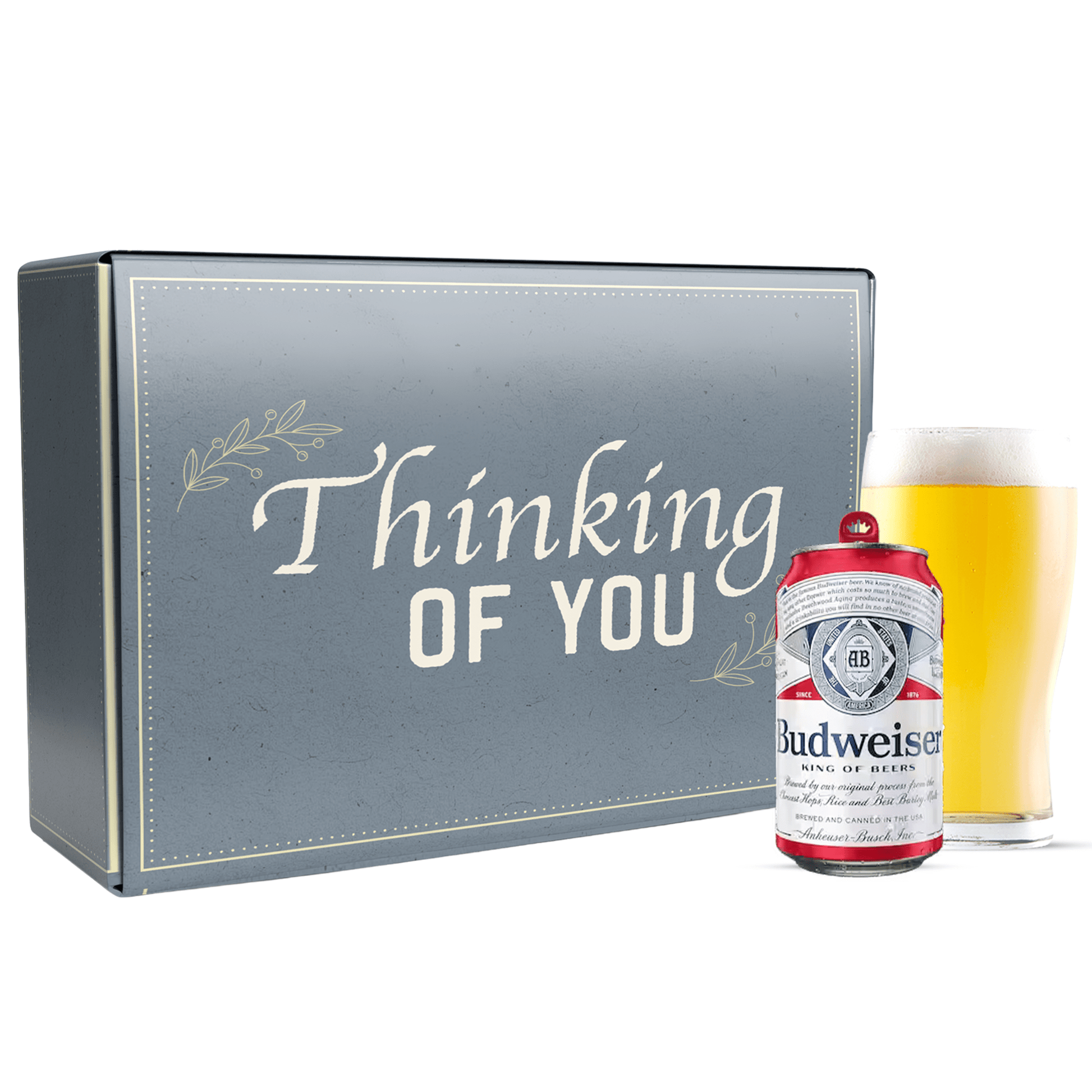 Budweiser beer can and glass with 'Thinking of You' box on a white background