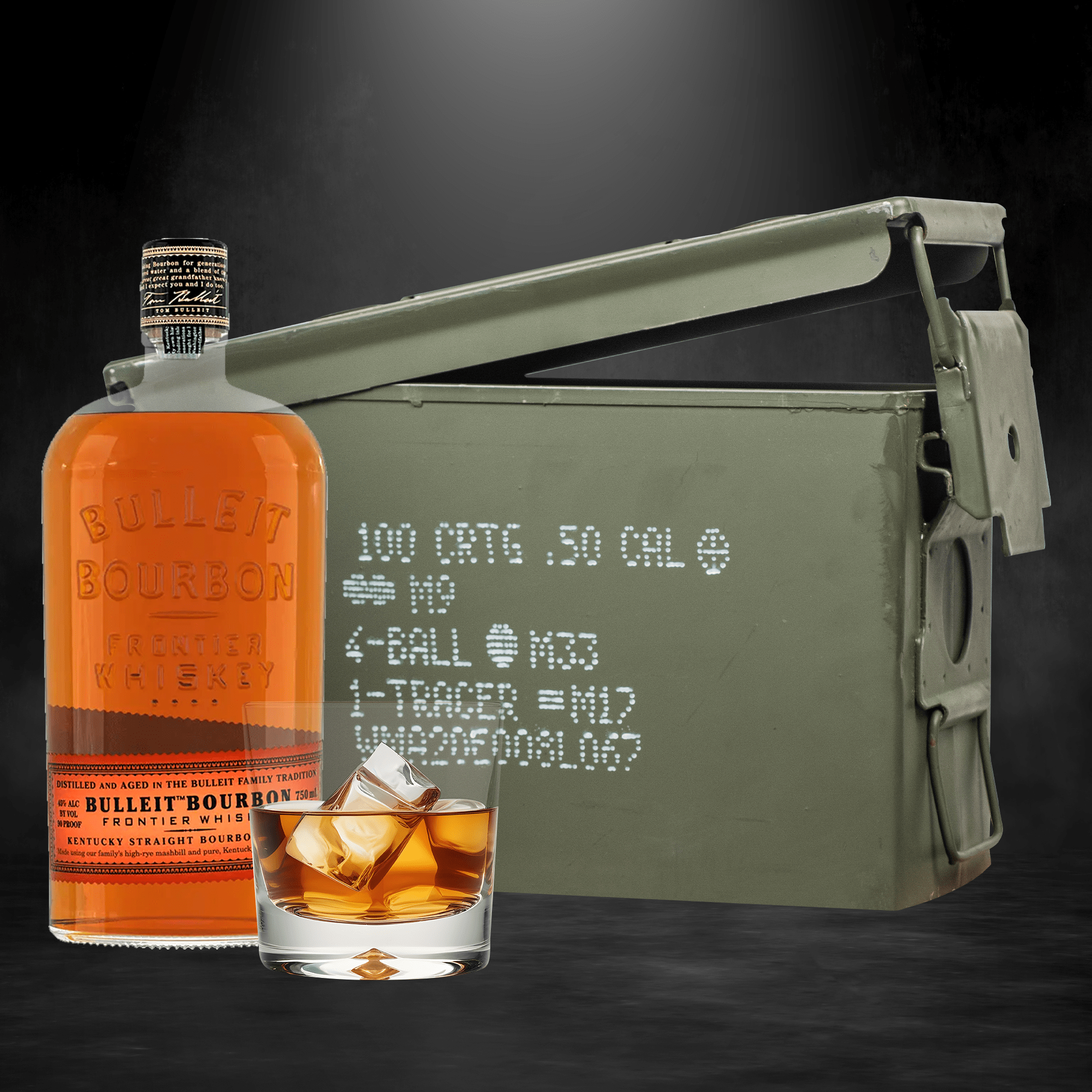 Bulleit Bourbon bottle inside authentic ammo can gift set