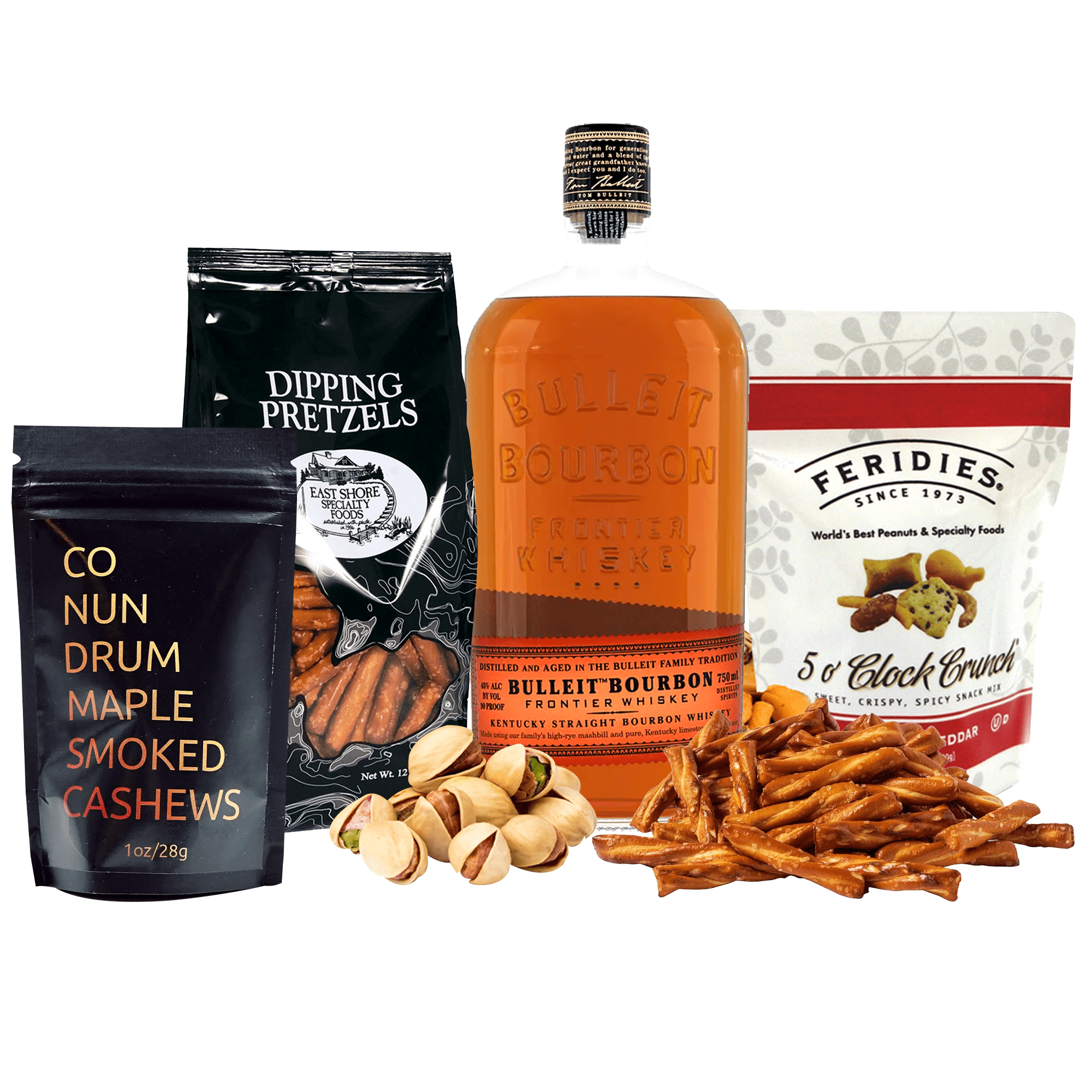 Bulleit Whiskey + Snack Gift Basket with 375ml bottle and snacks