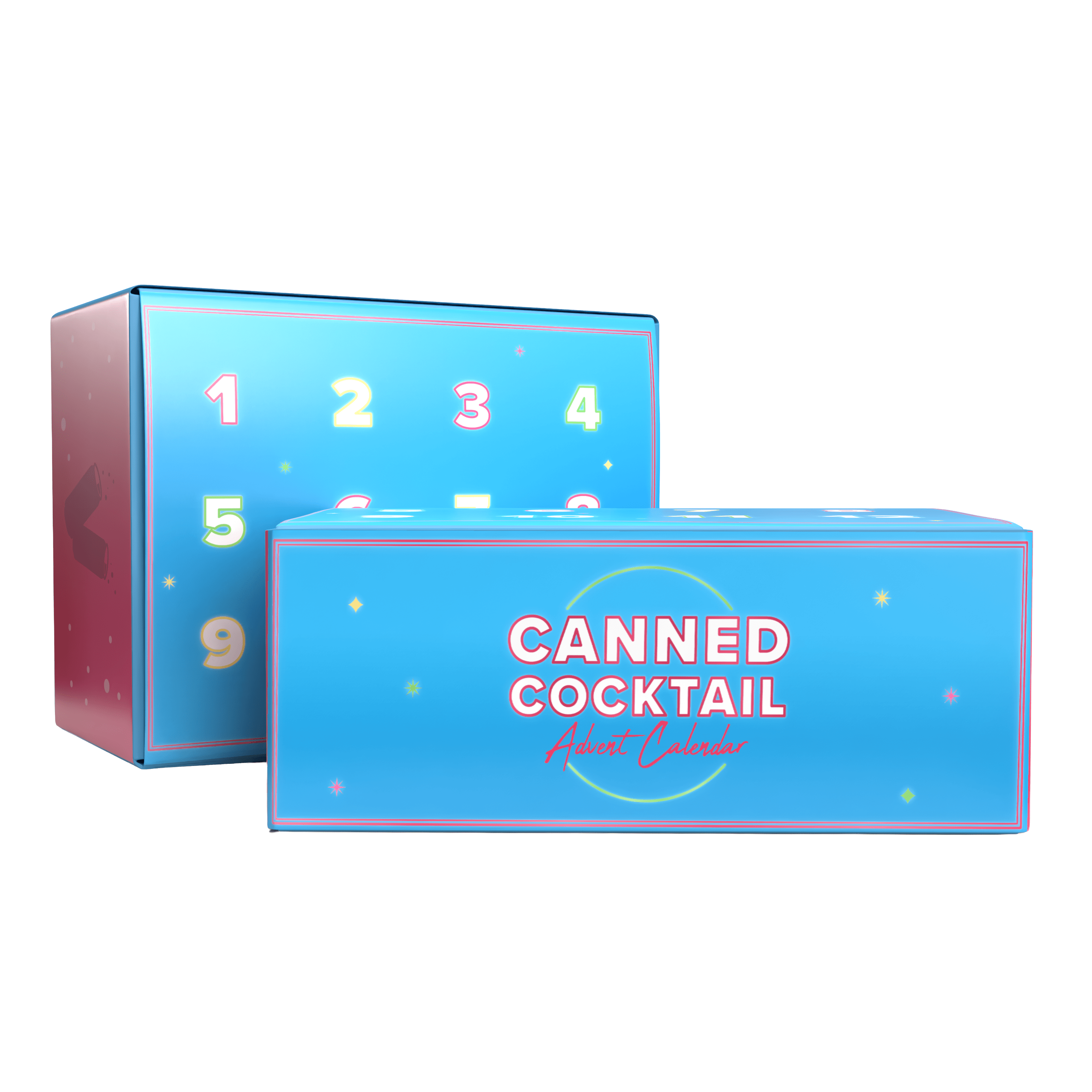 Canned Cocktail Advent Calendar with blue and pink design on a white background