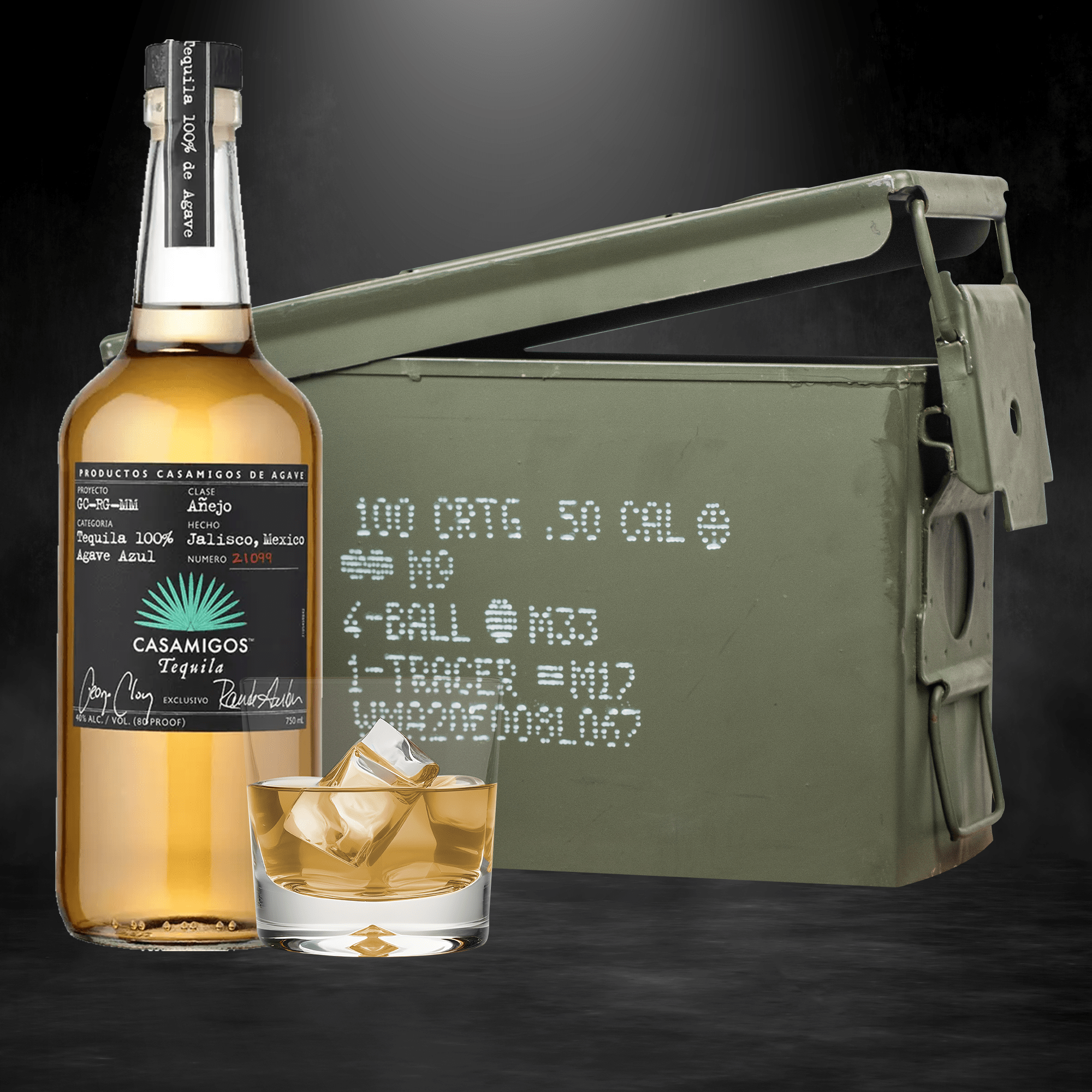 Casamigos Añejo tequila bottle inside authentic ammo can gift set