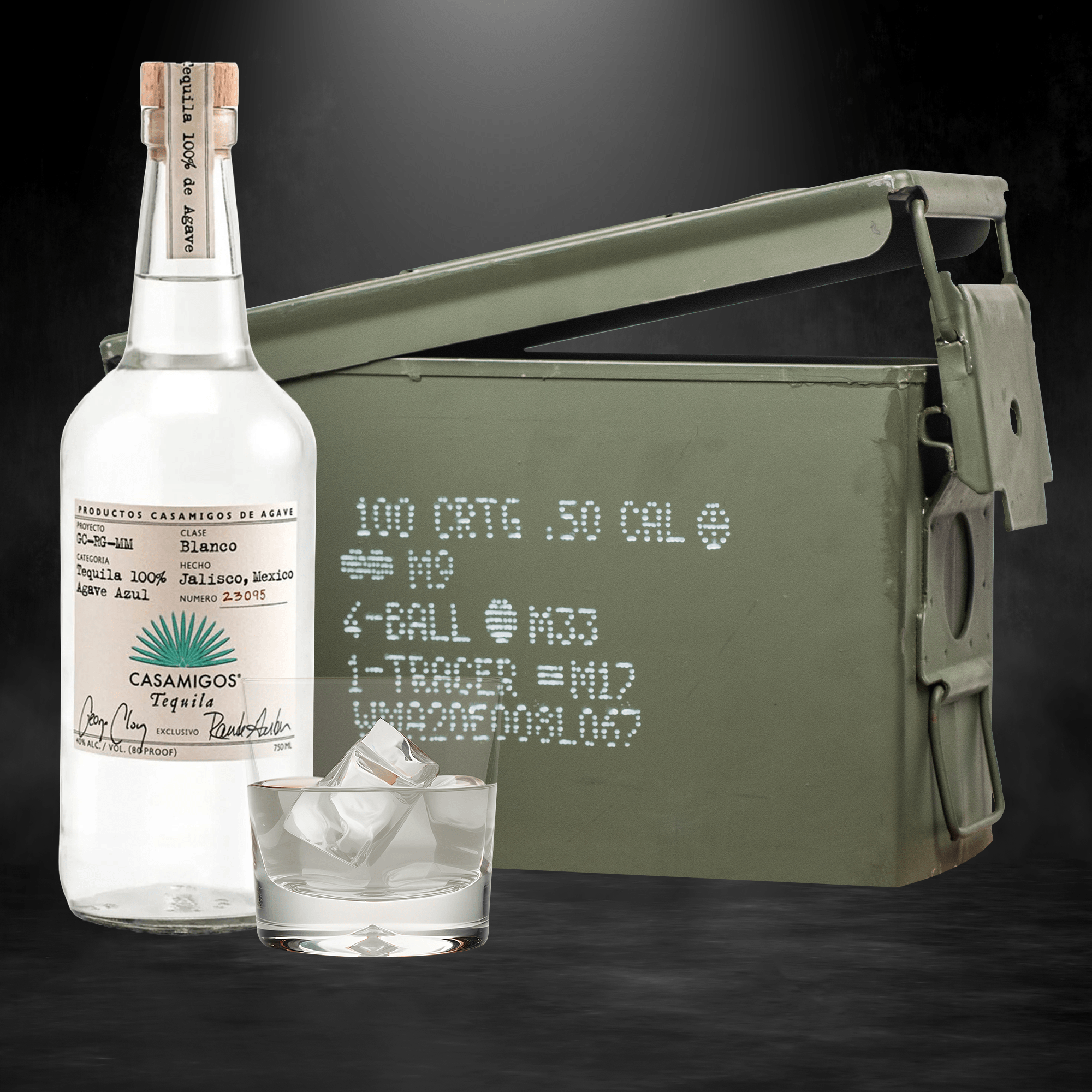 Casamigos Blanco tequila bottle inside authentic ammo can gift set