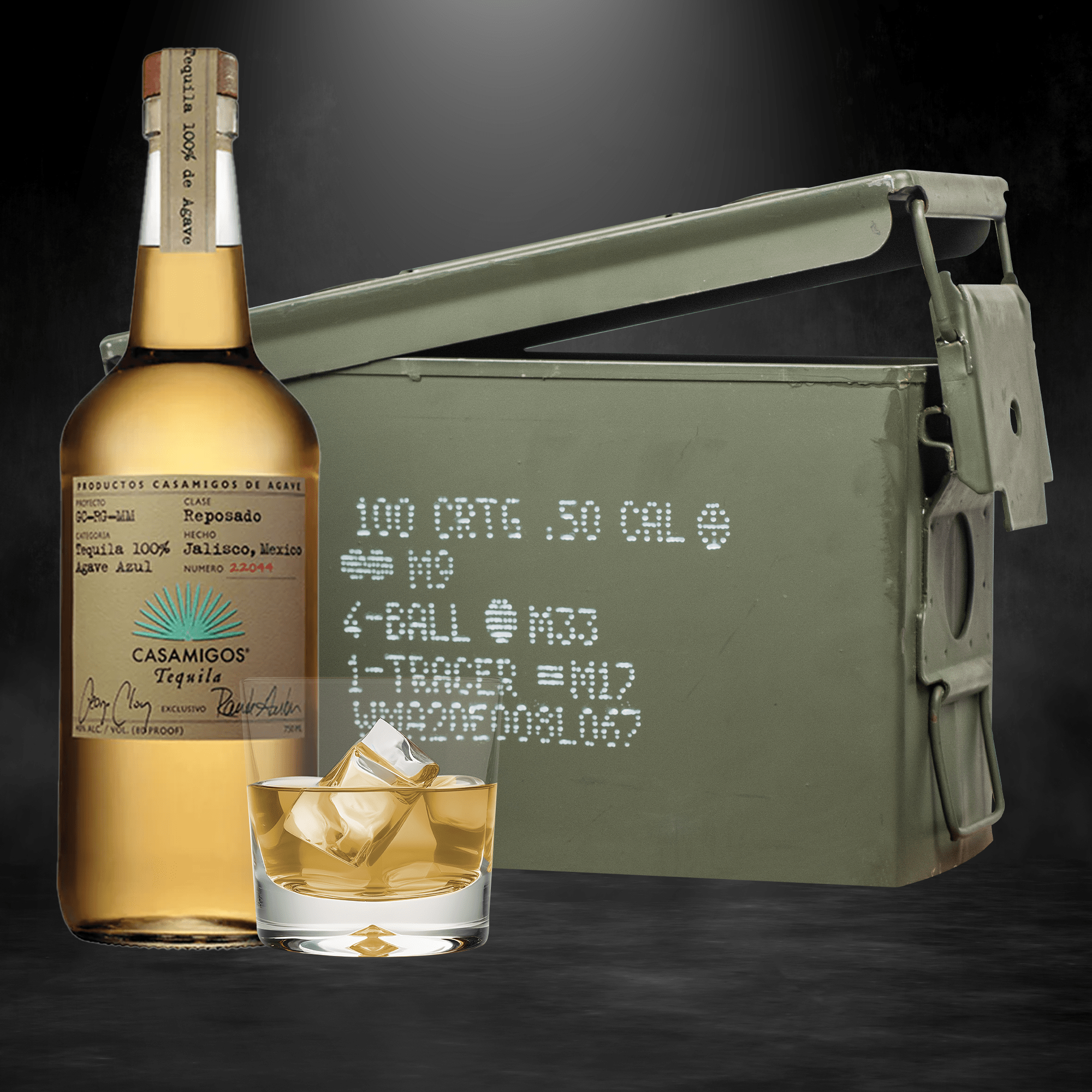Casamigos Reposado tequila bottle inside authentic ammo can gift set
