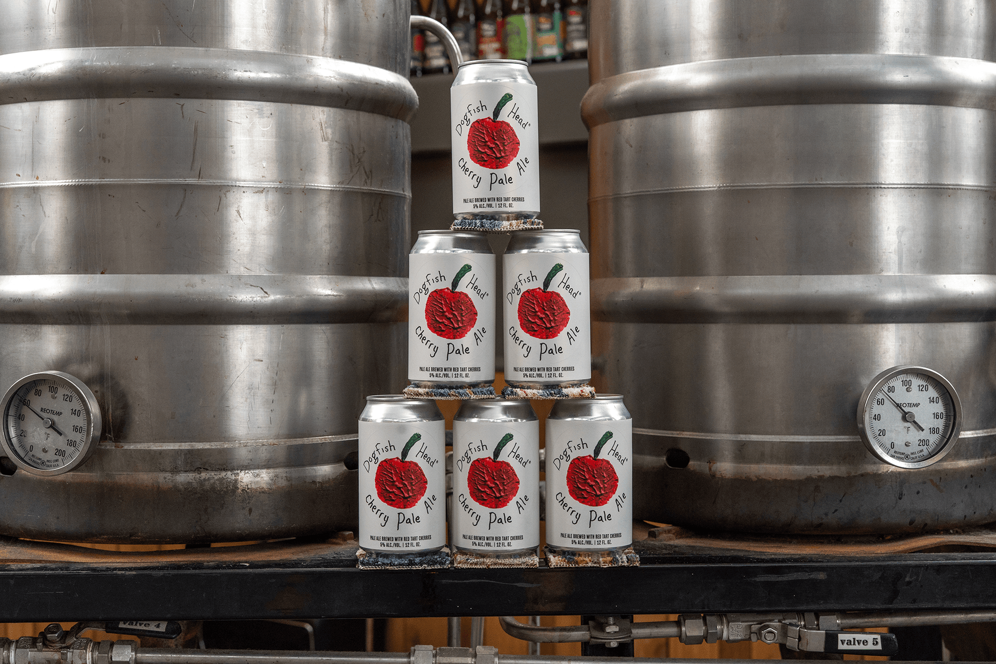 Stack of Dogfish Head Cherry Pale Ale beer cans in front of metal beer tanks