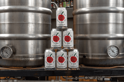 Stack of Dogfish Head Cherry Pale Ale beer cans in front of metal beer tanks