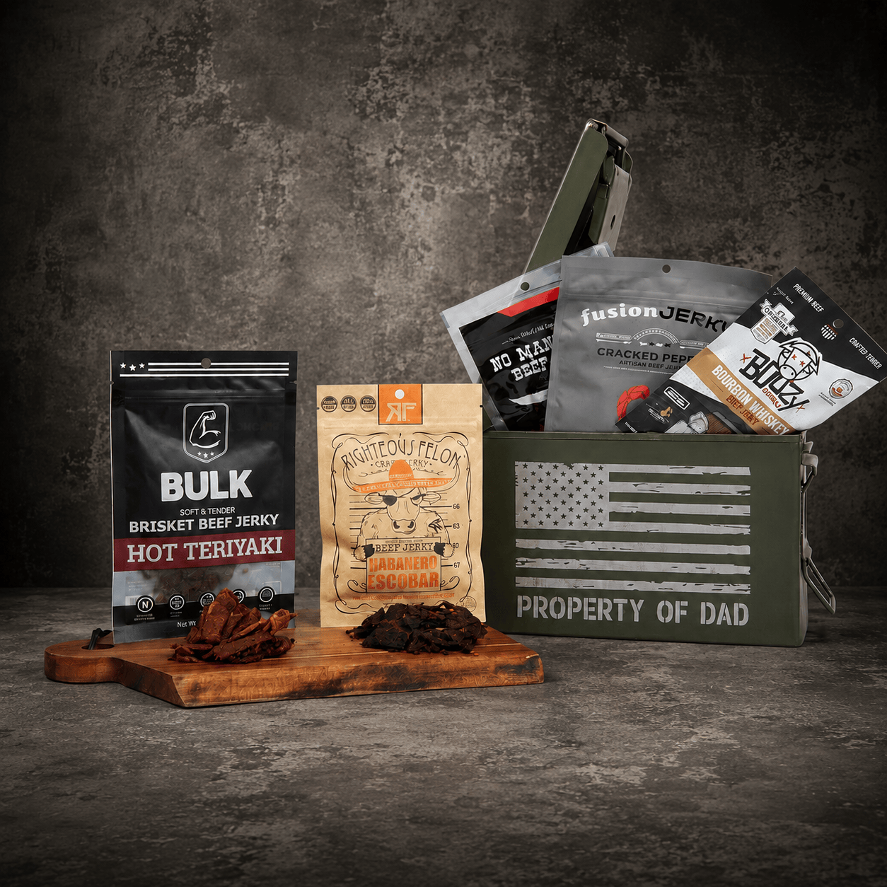 Assorted jerky packages and a green box with 'Property of Dad' text on a dark background