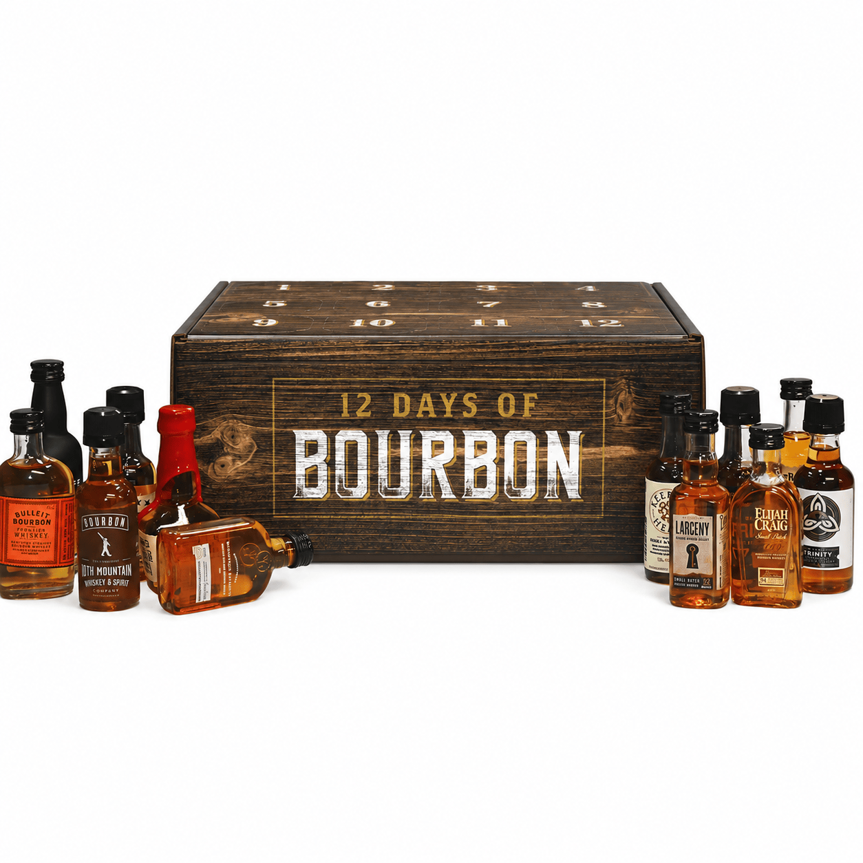 A 12-day bourbon whiskey sample kit with a dark wooden box labeled '12 DAYS OF BOURBON' and multiple small whiskey bottles arranged in front on a white background.