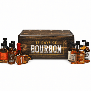 A 12-day bourbon whiskey sample kit with a dark wooden box labeled '12 DAYS OF BOURBON' and multiple small whiskey bottles arranged in front on a white background.