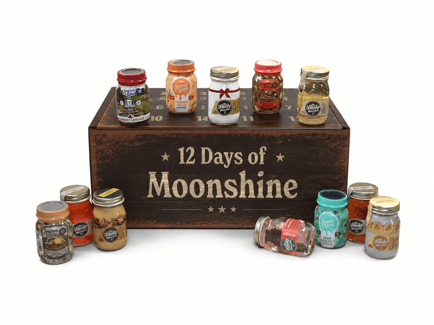 A 12-day moonshine cocktail mix kit displayed on a dark brown wooden crate labeled '12 Days of Moonshine'. The kit includes twelve small glass jars containing various colorful liquids and mix ingredients, arranged around the crate on a clean white background.