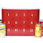 A red beverage advent calendar box with 12 numbered compartments, flanked by four canned drinks on a white background.