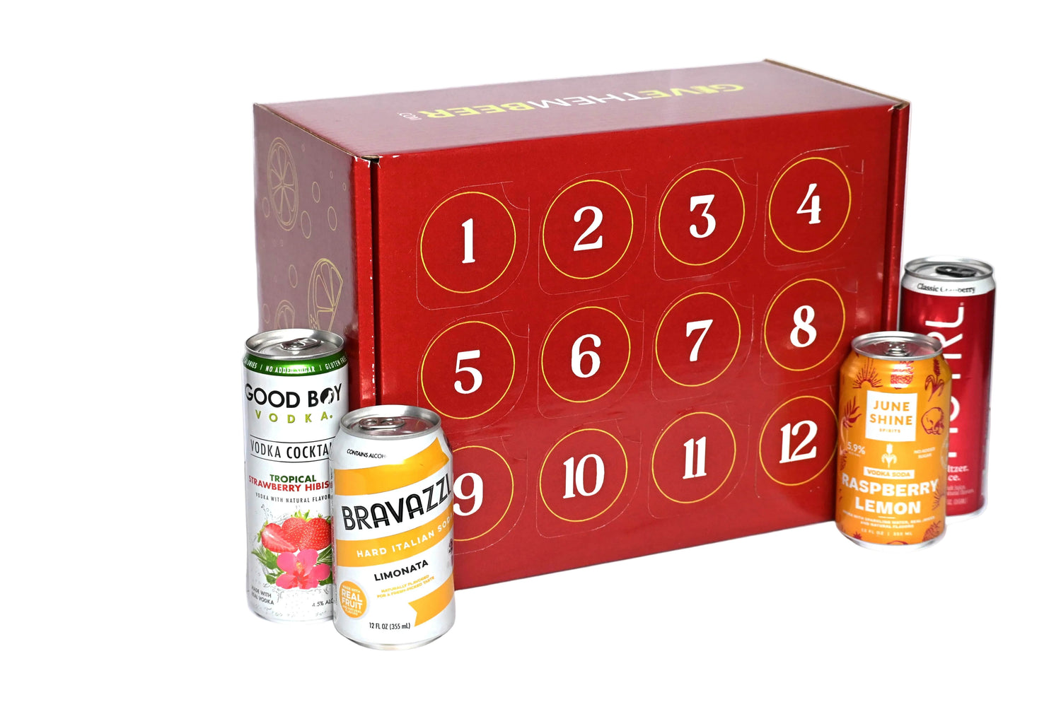 A red 12-day advent calendar box with numbered circular doors, displayed with four beverage cans in front on a white background.