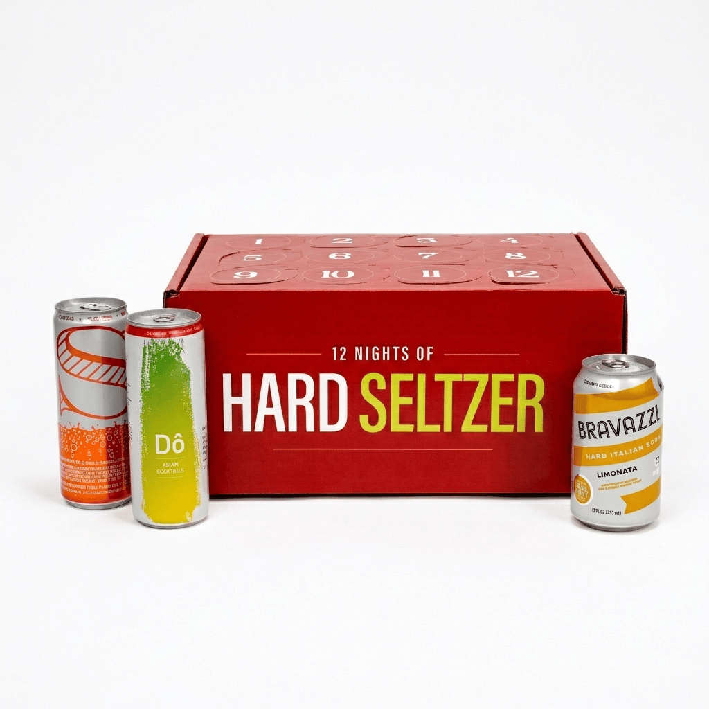 A red advent calendar box labeled '12 NIGHTS OF HARD SELTZER' with four hard seltzer cans placed in front on a clean white background. Visible brands on the cans include Dö and Bravazzi.