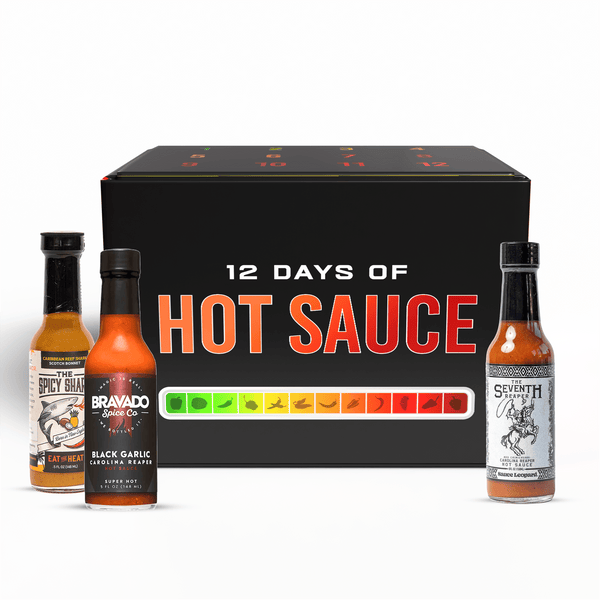 12 Days of Hot Sauce Advent Calendar with numbered doors and assorted hot sauce bottles