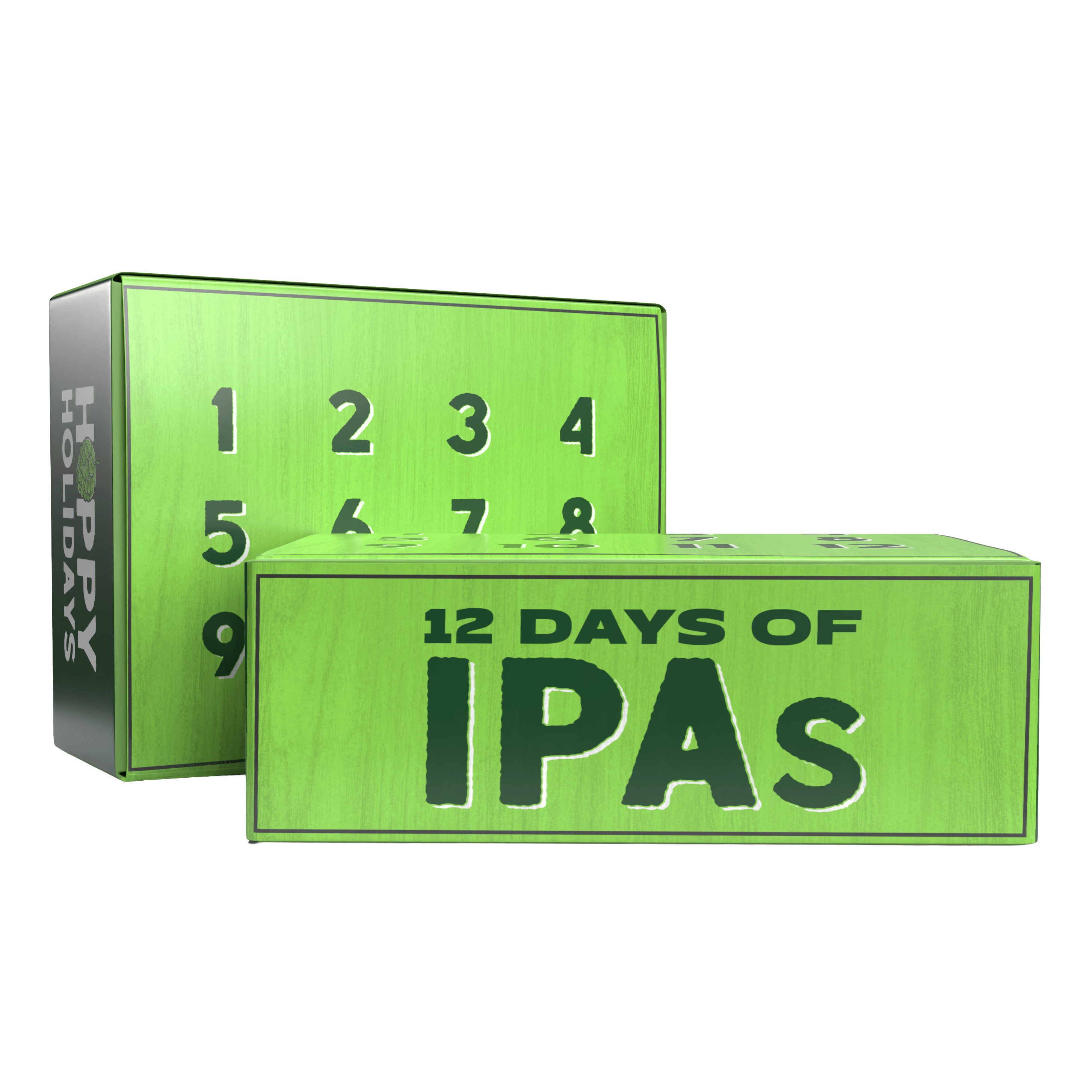Green box with '12 Days of IPAs' text and number sequence on a white background