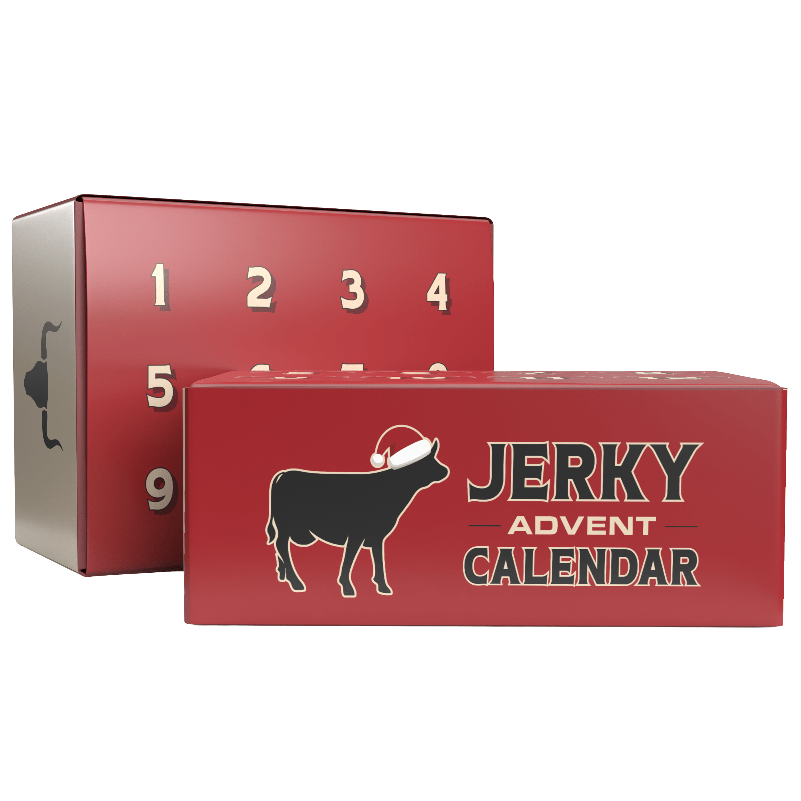 Red jerky advent calendar with cow silhouette and numbered sections on a white background