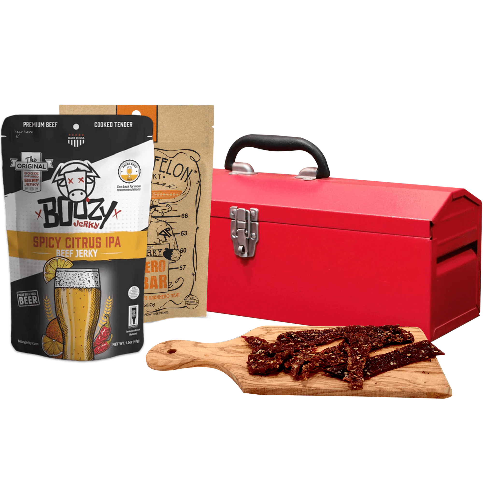 Jerky Toolbox Gift Set with 5 Bags of Beef Jerky in a Red Metal Toolbox