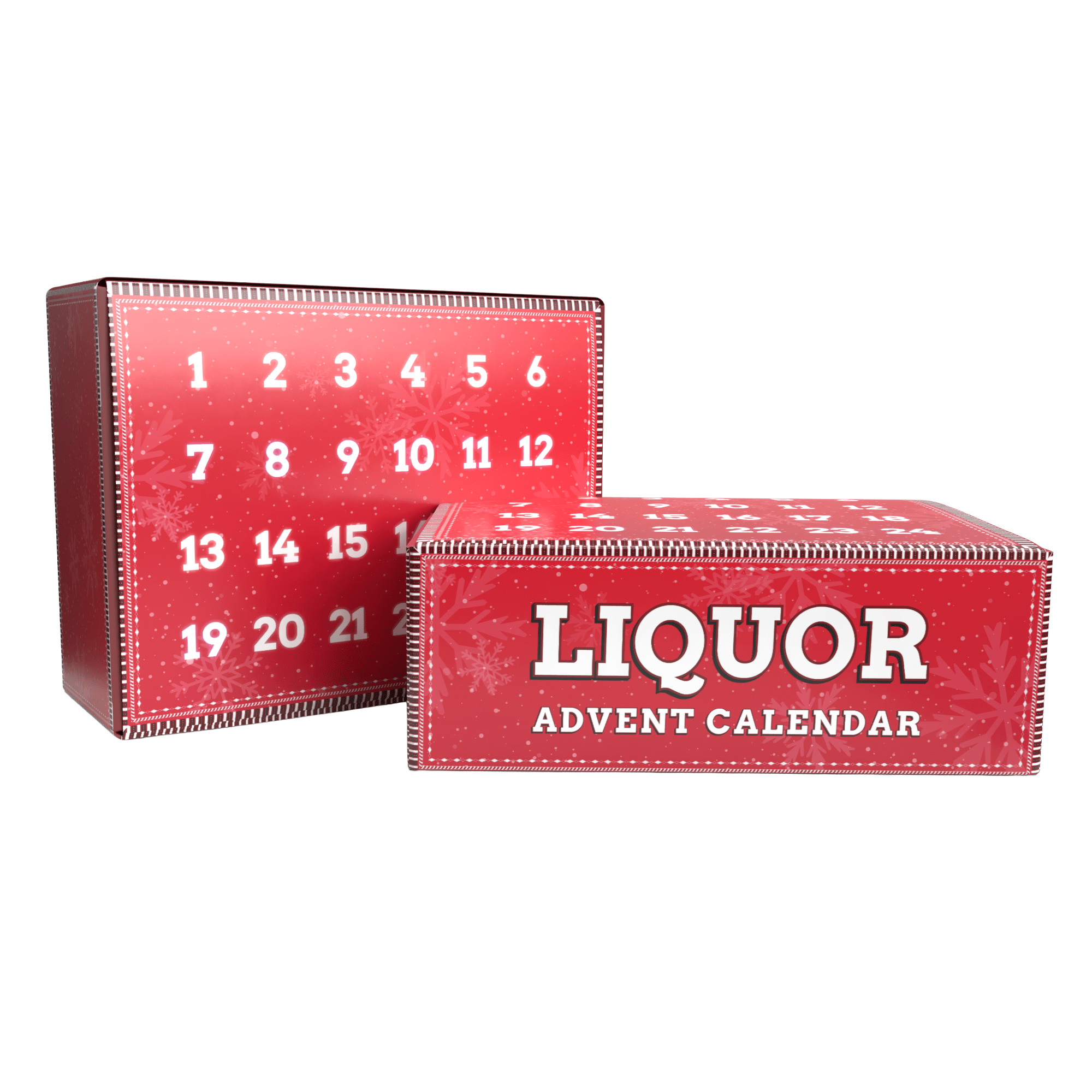 Red 'Liquor Advent Calendar' with white text on a white background