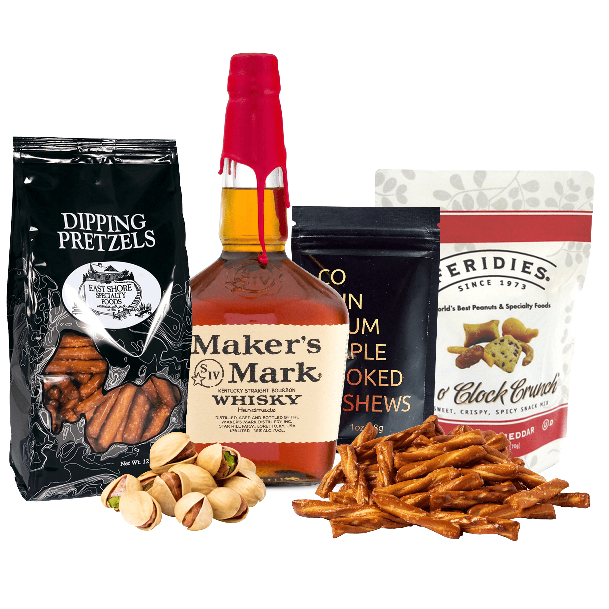 Maker’s Mark Whiskey + Snack Gift Basket with 375ml bottle and snacks