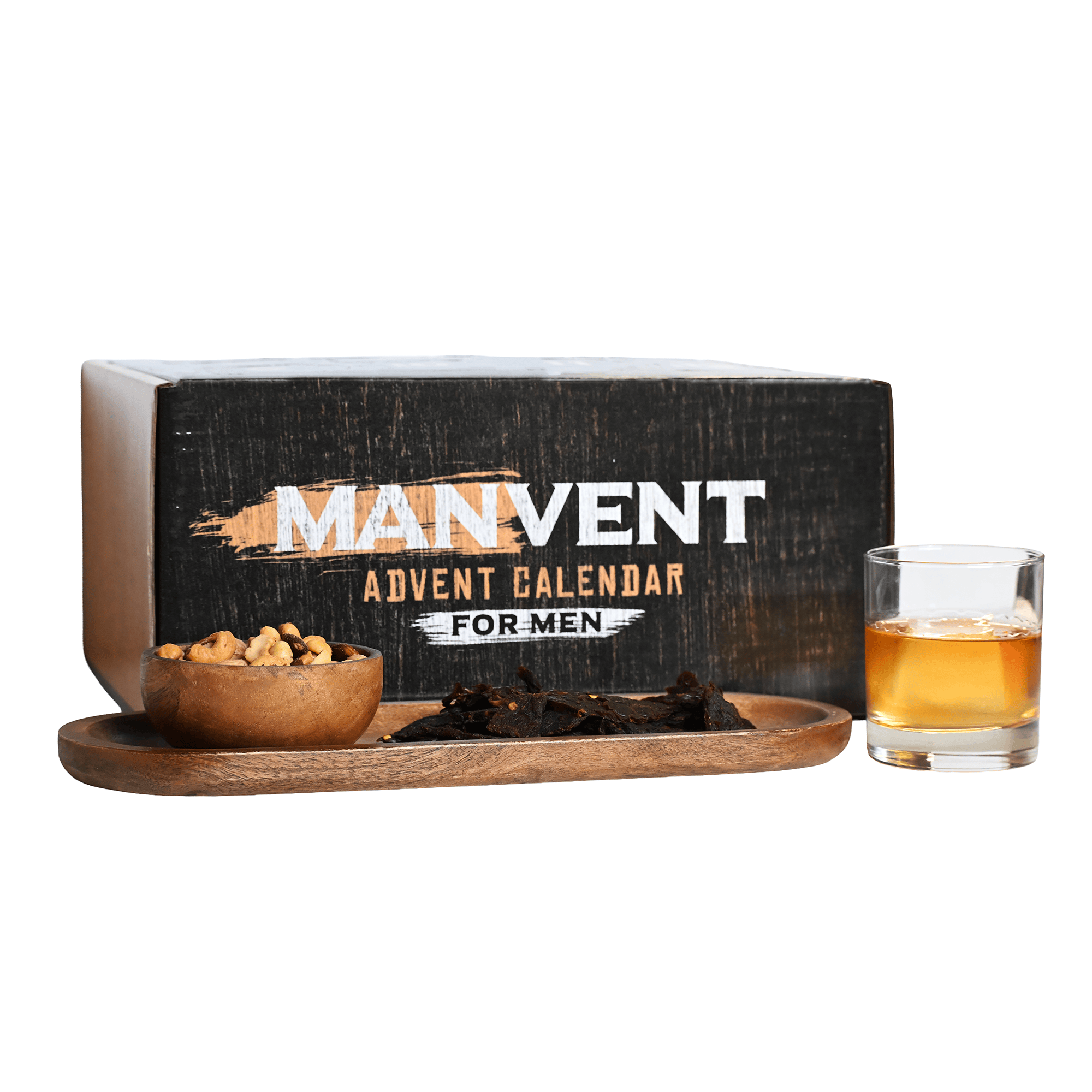 A Manvent Advent Calendar for Men gift set shown with its black branded box, a small bowl of nuts, jerky and glass of whiskey