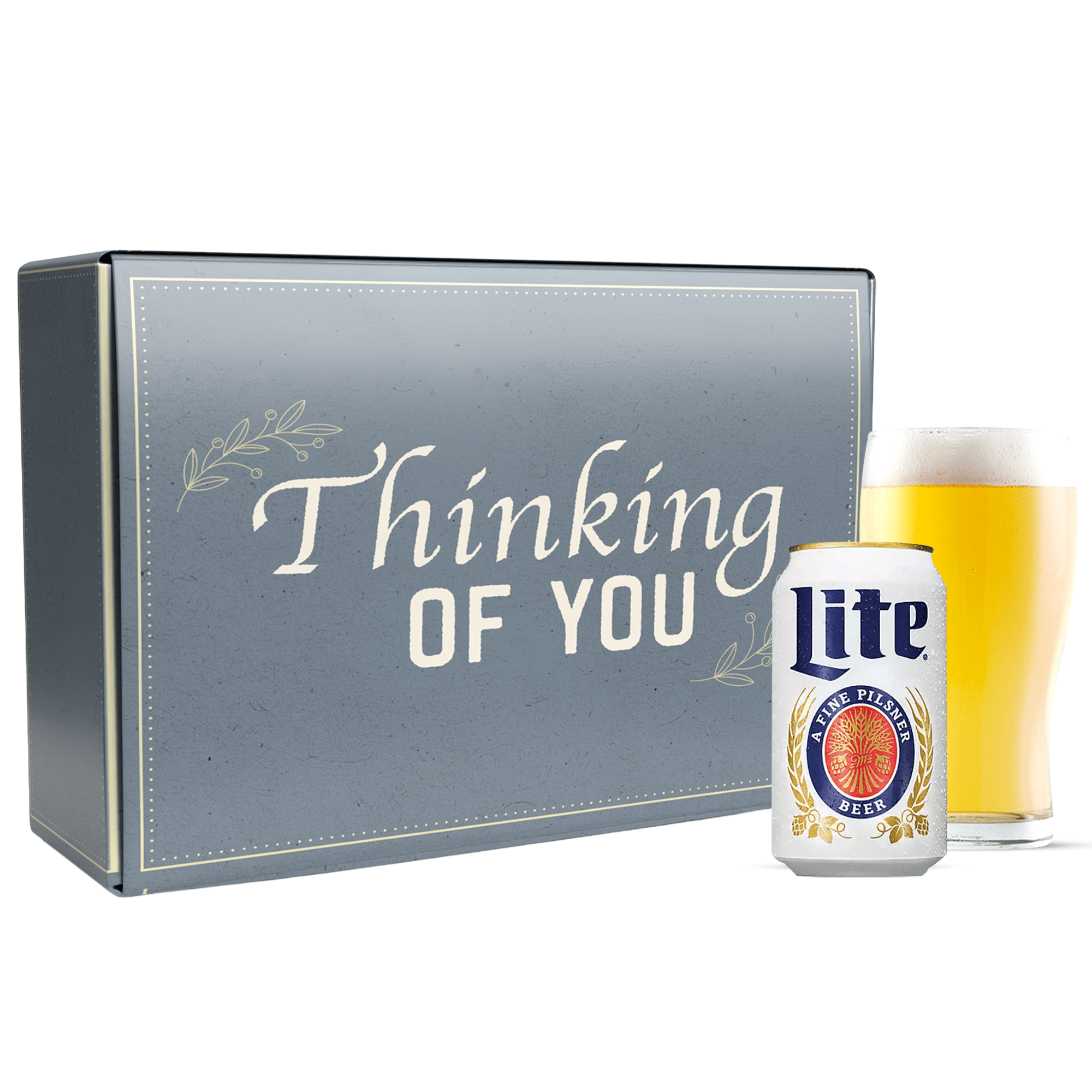 Gift box with 'Thinking of You' text, Miller Lite beer can, and glass on a white background