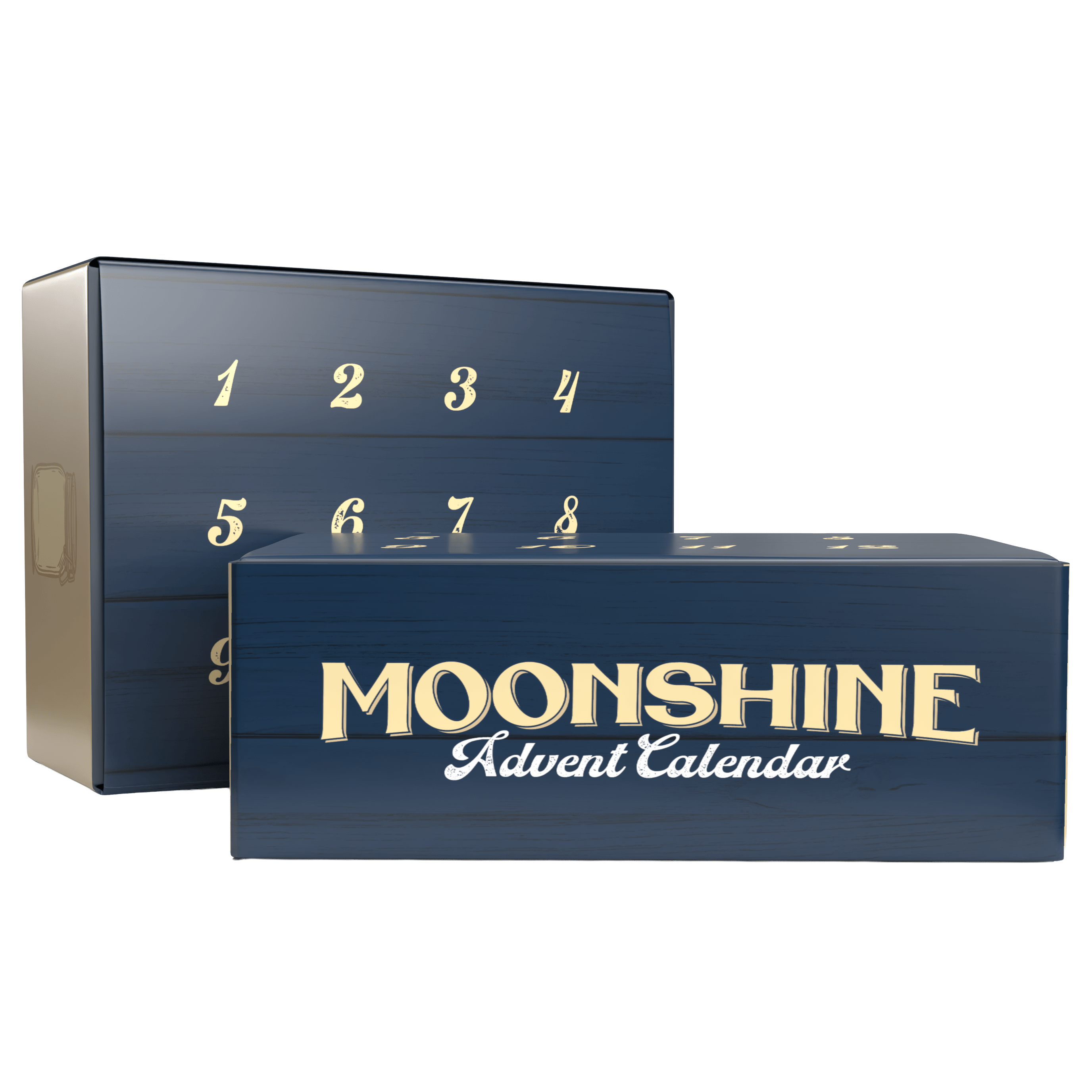 Moonshine Advent Calendar with blue and gold design on a white background