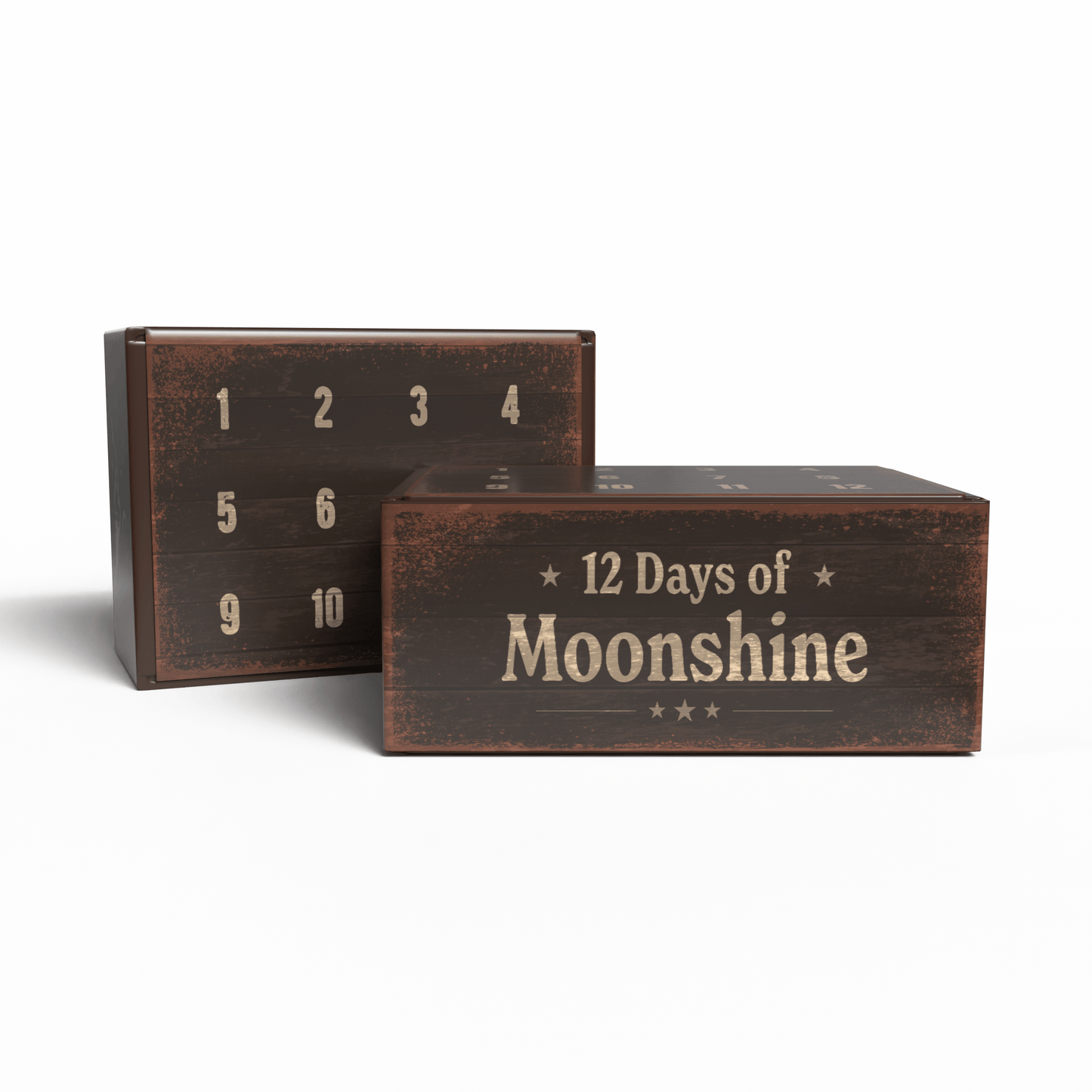 Two rustic dark brown wooden boxes on a white background. The front box is labeled '12 Days of Moonshine' in a distressed cream font, and the back box shows numbered compartments from 1 to 10.