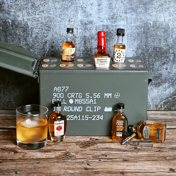 12 Mini 50ml bottles of whiskey in an advent style ammo can